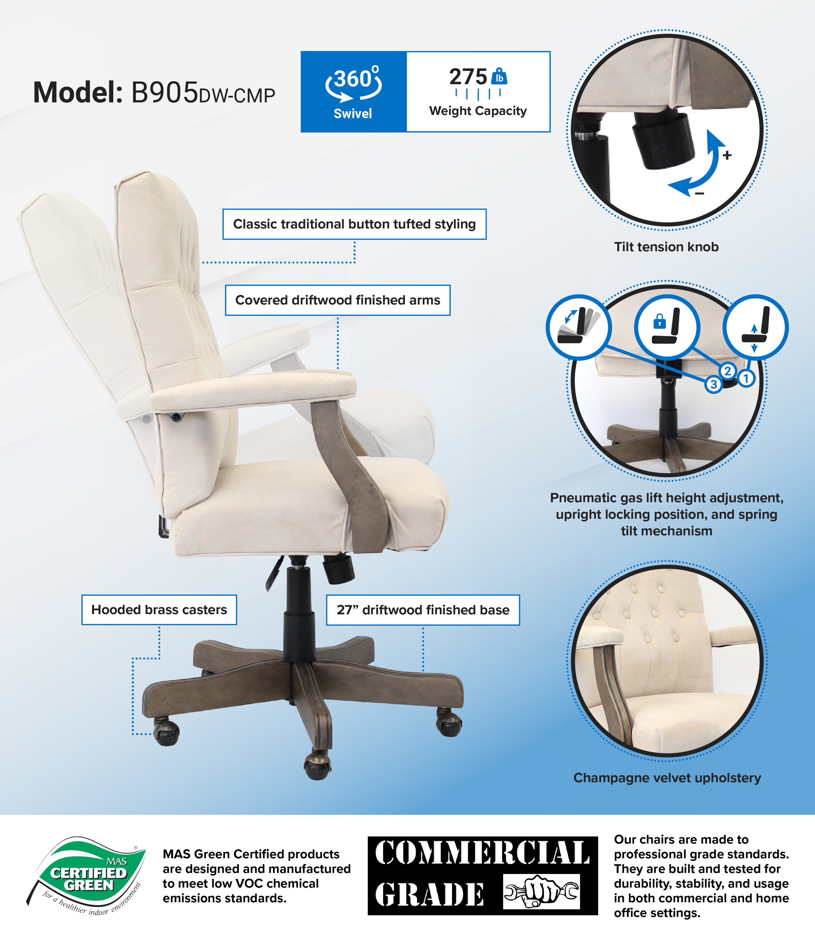 Executive High-Back Ergonomic Swivel Chair in Gray with Metal and Wood Accents
