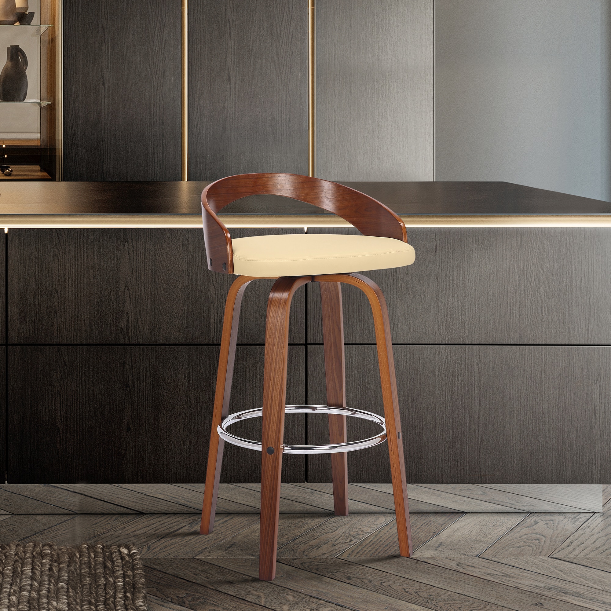 Cream Faux Leather and Walnut Wood Swivel Counter Stool
