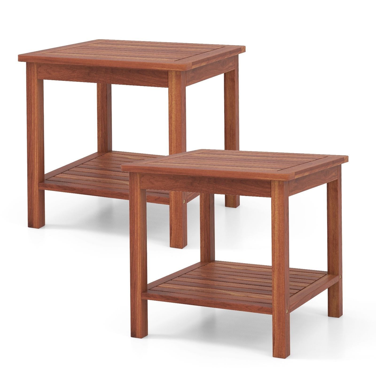 Slickblue 2 Piece Acacia Wood Outdoor Table with Slatted Top Table (18 in W x 18 in L) 2 Tier Table with Shelf for Patio Poolside Balcony