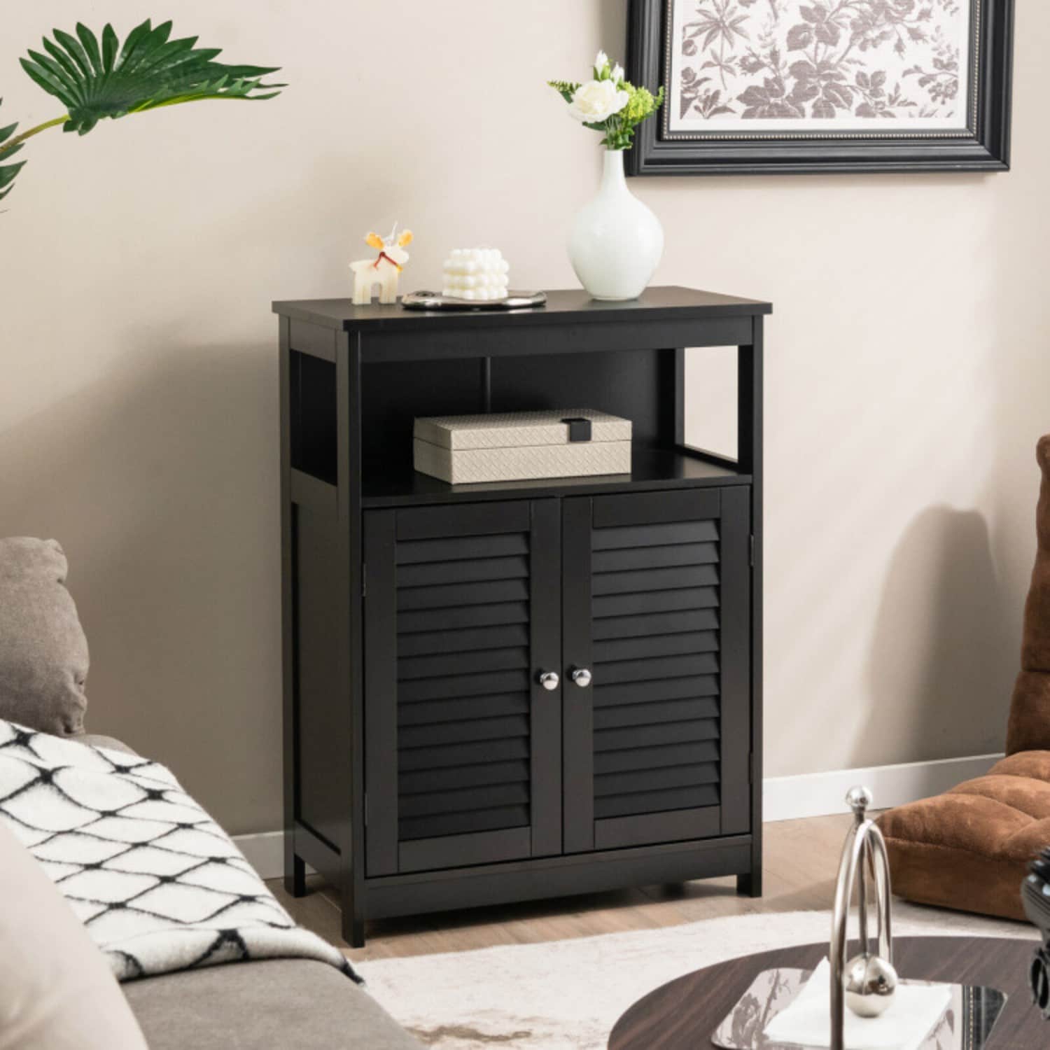 Vanityfus Wood Freestanding Bathroom Storage Cabinet with Double Shutter Door-Black