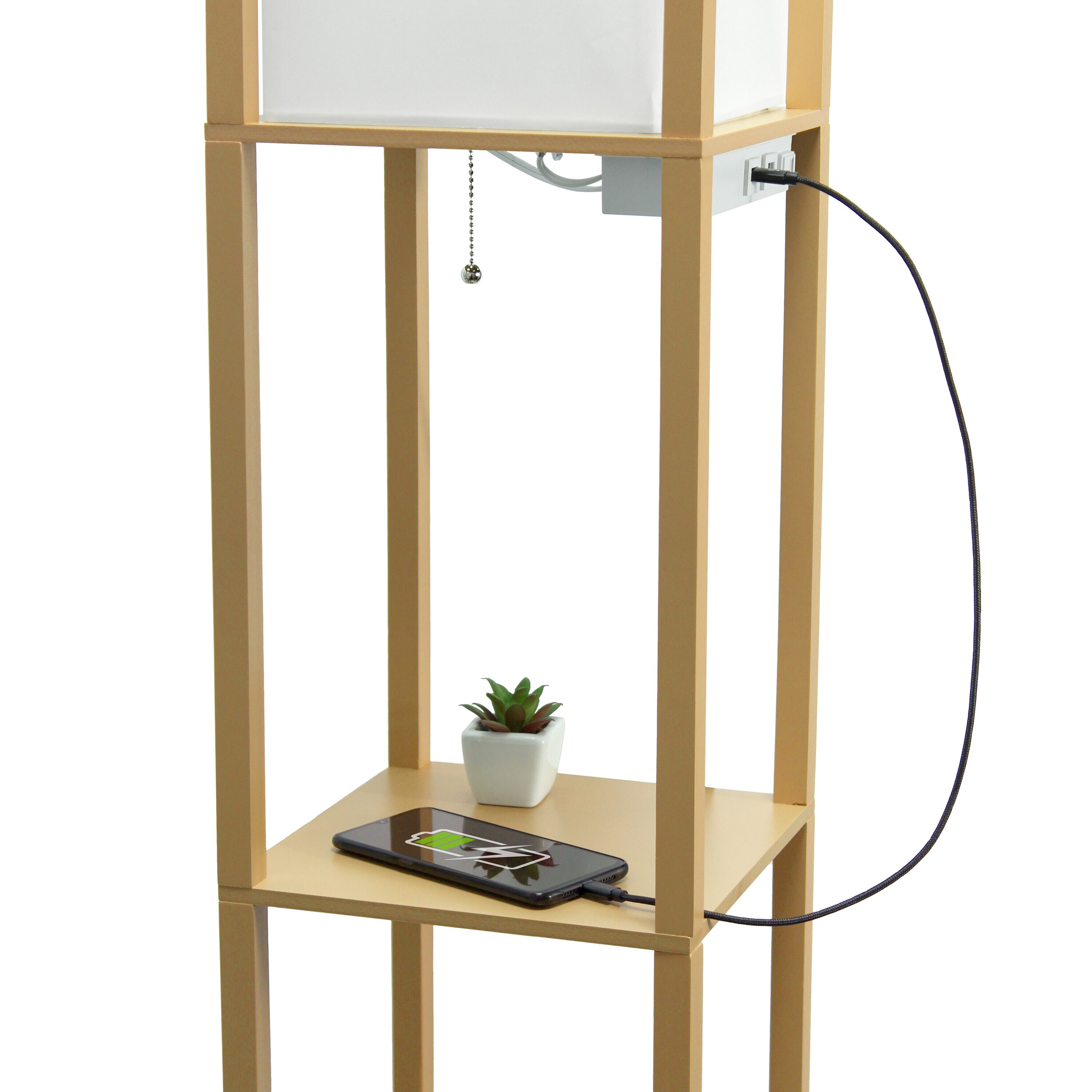 Tan Wood Floor Lamp with Shelves and Linen Shade