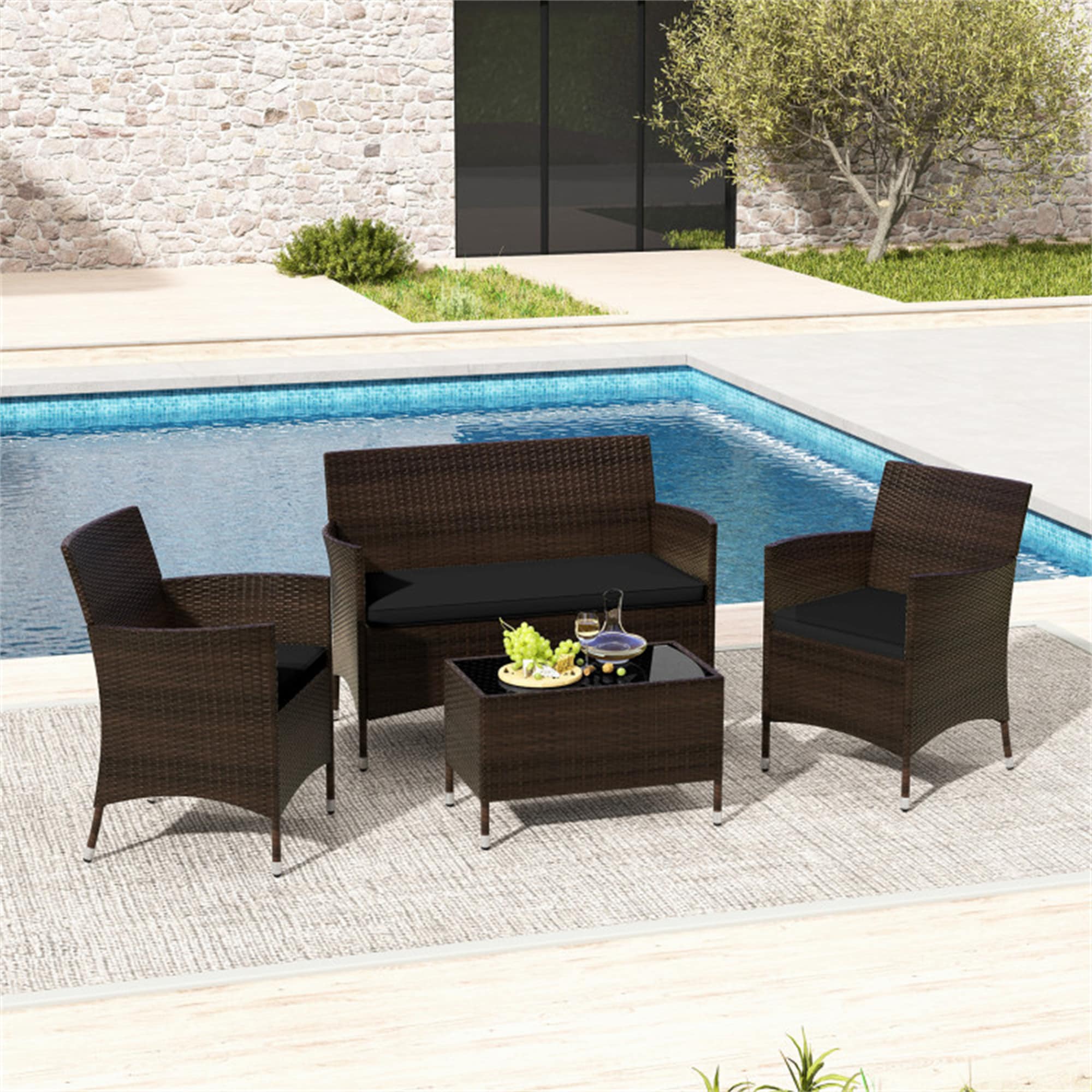 BABOOM BOM-HW67772-CO Outdoor Rattan Sofa Set 4 -Piece Rattan Patio Conversation Set with Black Fabric Cushions