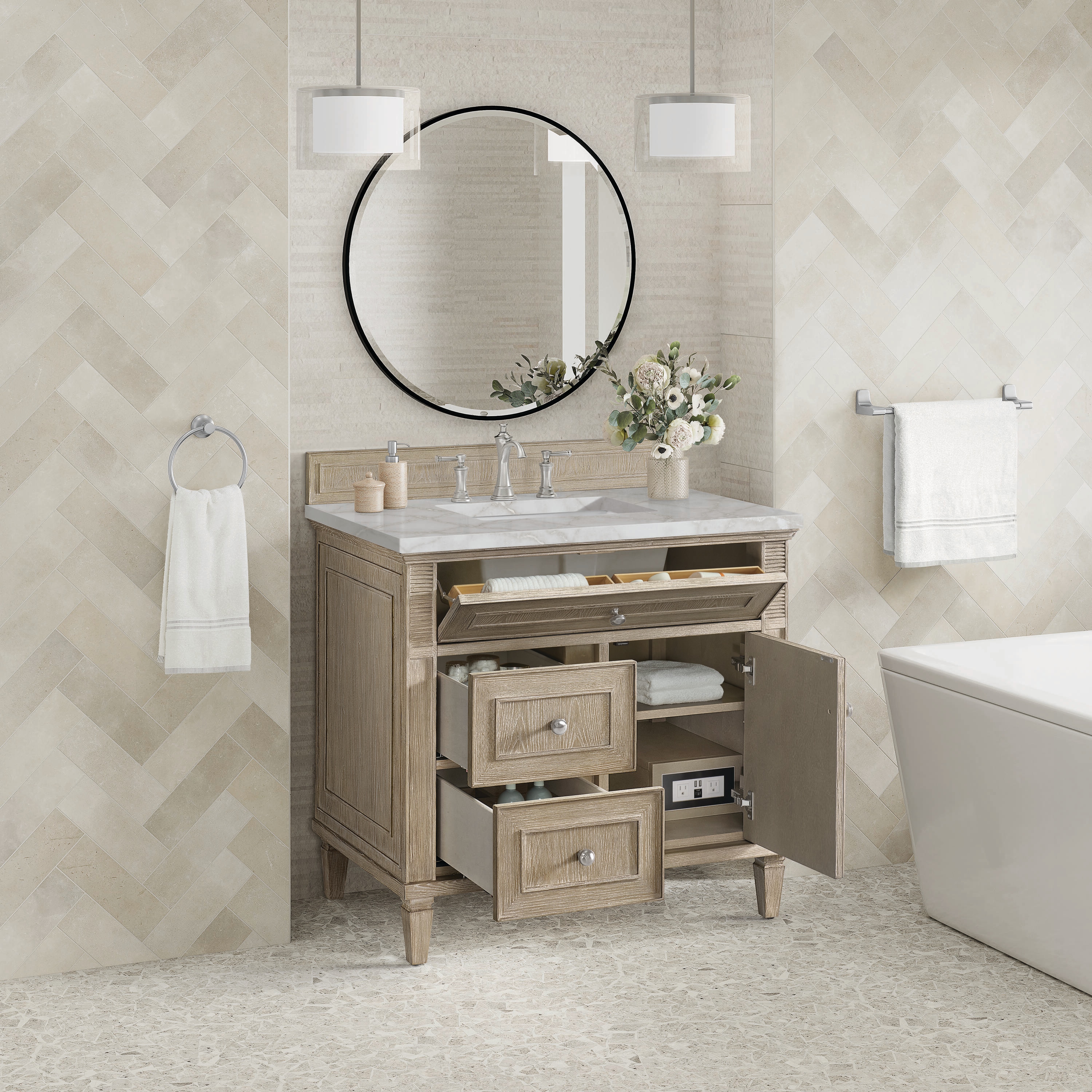 Lorelai 36" Whitewashed Oak Single Vanity with Victorian Silver Quartz Top