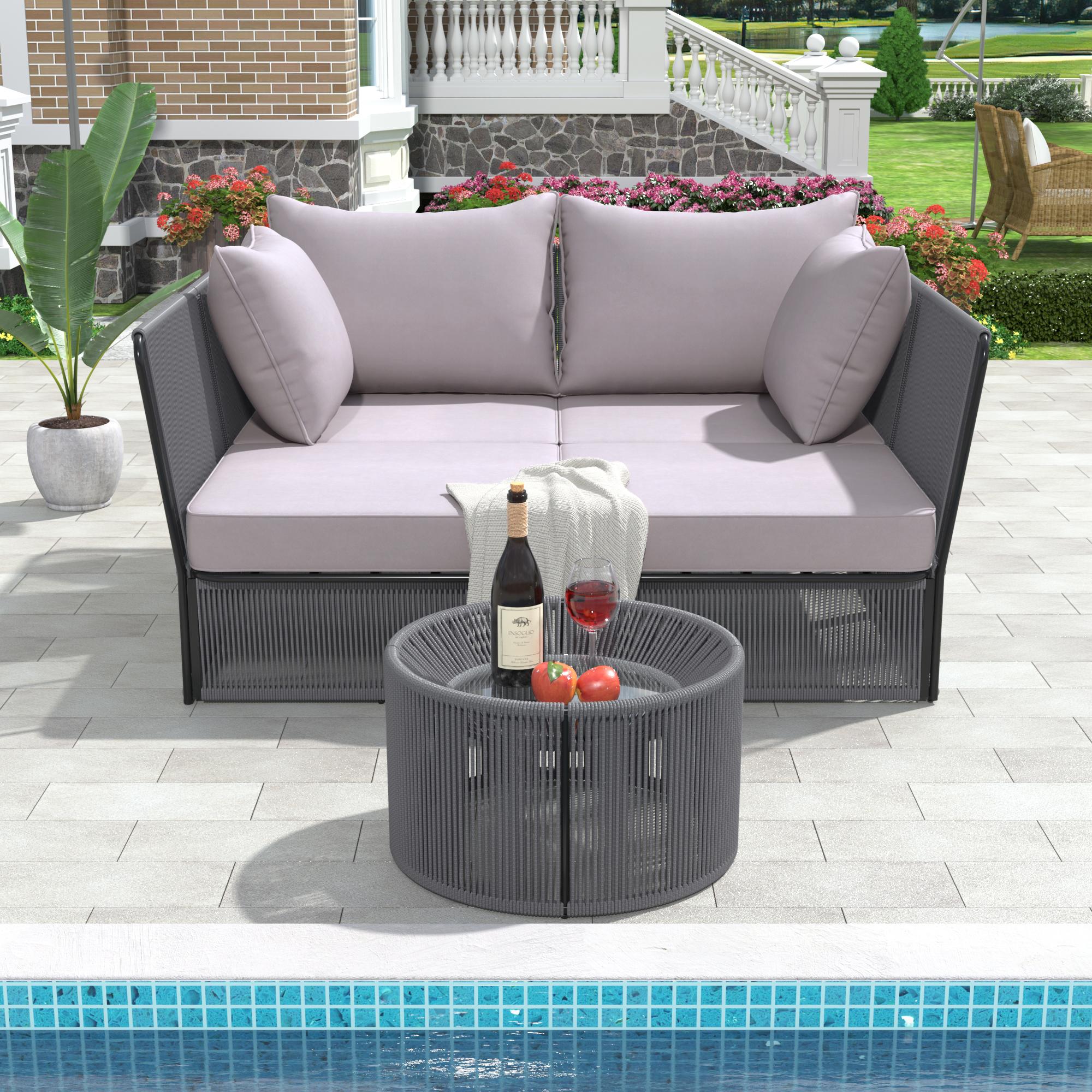 Bayfeve BFTM-2E-PCS Patio Loveseat Sunbed Set Woven Outdoor Daybed with Gray Cushions and Iron Frame