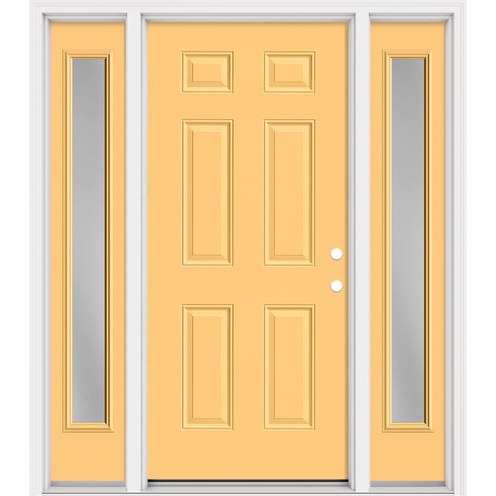 Masonite 321113 Steel Doors Series 64-in x 80-in x Steel No glass Left-hand inswing Cabana Yellow Painted Prehung Front Door with Sidelights with Brickmould Insulating core