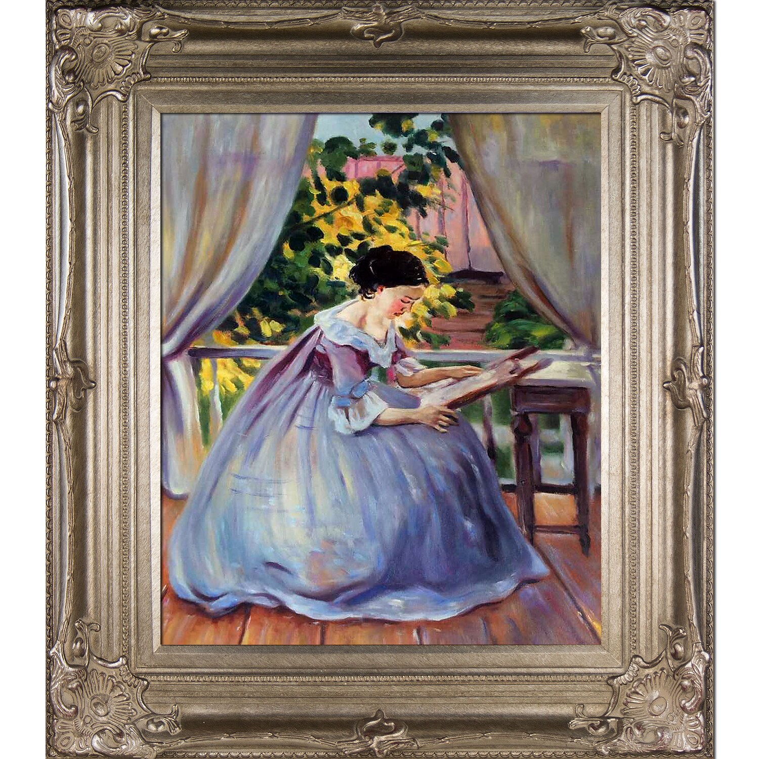 La Pastiche 688576445816 Lady Embroidering Victor Borisov-Musatov Dark Champagne Wood Framed 30-Inches H x 34-Inches W People Canvas Hand-Painted Painting