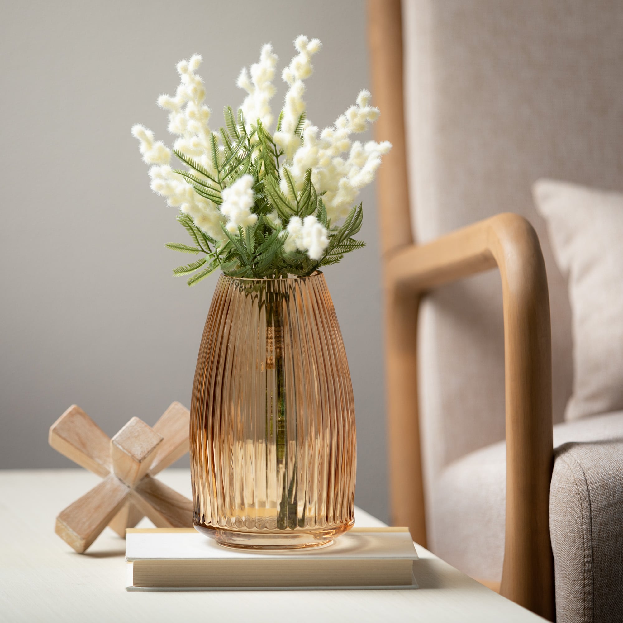 Amber Ribbed Glass Decorative Vase, 10.5"