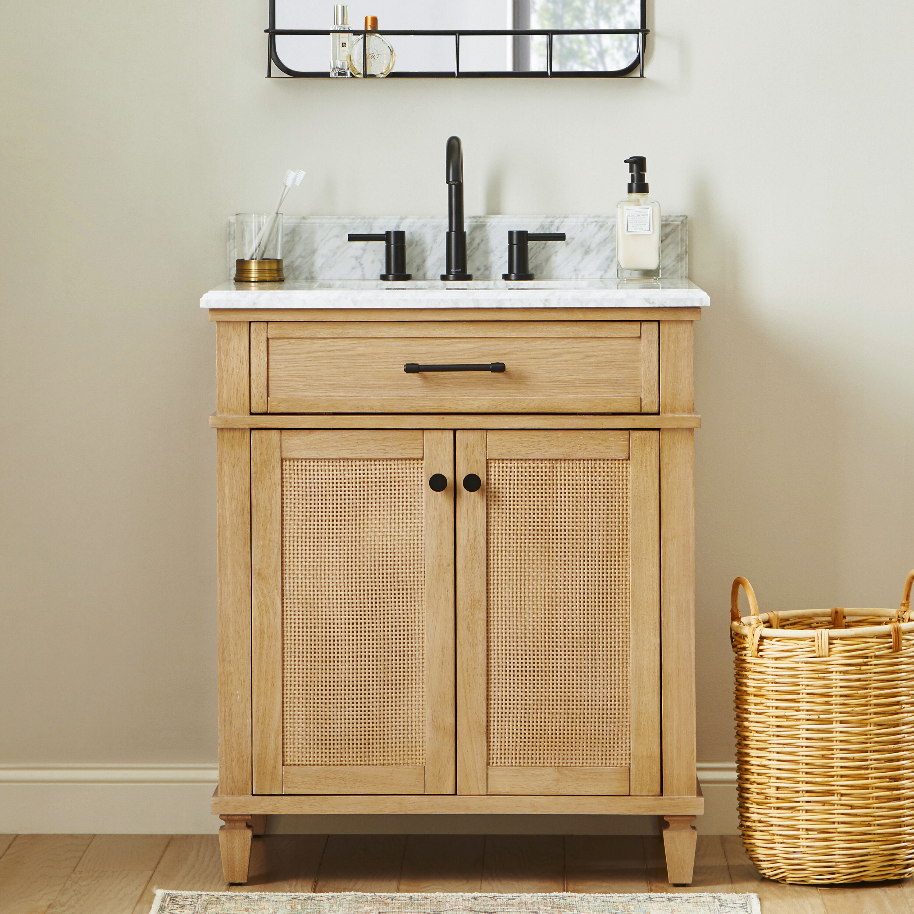 allen + roth Wallister Golden Oak Undermount Single Sink Bathroom Vanity with White Natural Marble Top (Fully Assembled)