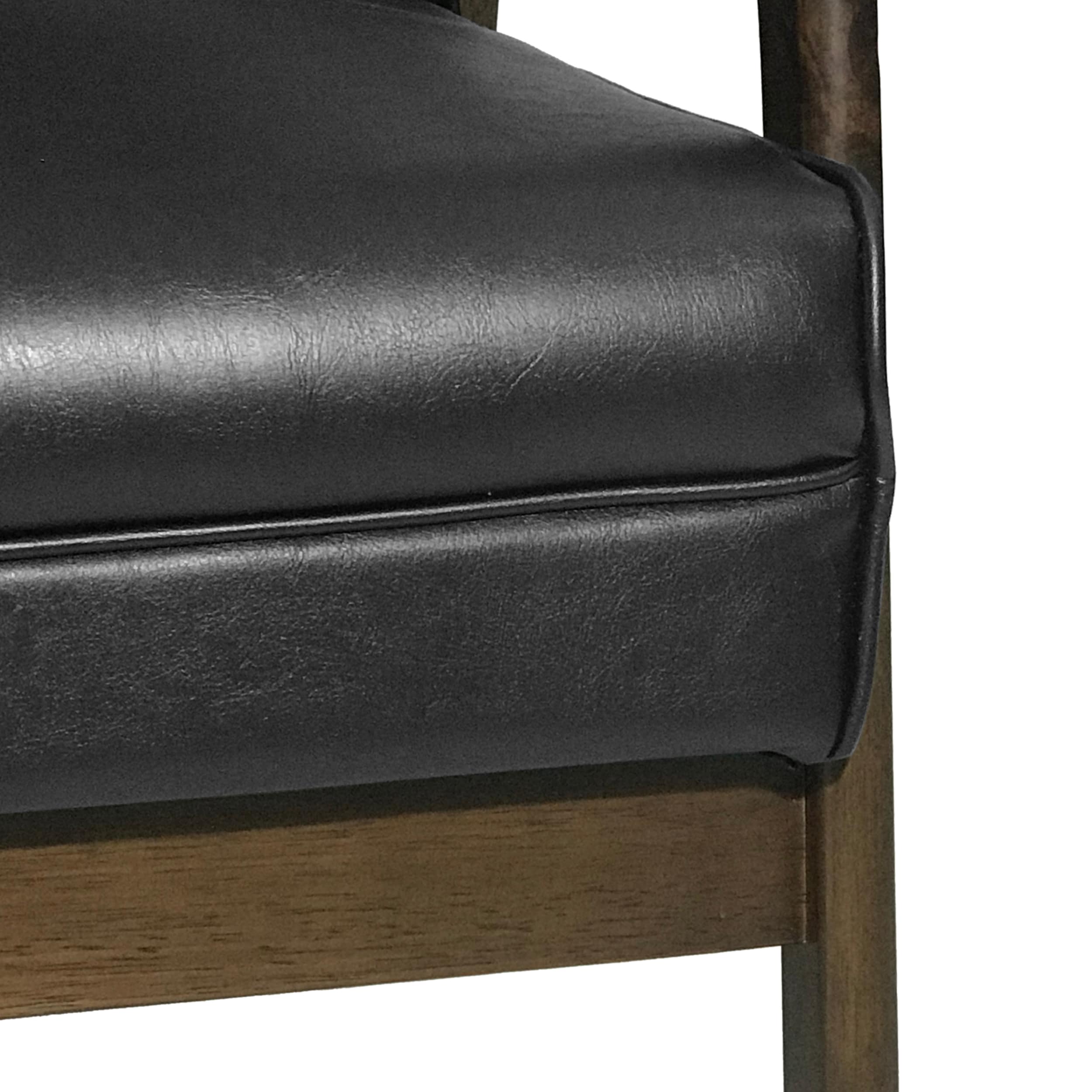 Matte Black Faux Leather and Wood Mid-Century Modern Accent Chair