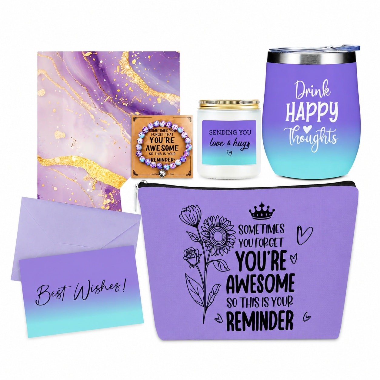 Aoibox  4 Piece Inspirational Women Gift Set with Insulated Tumbler Cosmetic Bag Lavender Candle and Bracelet