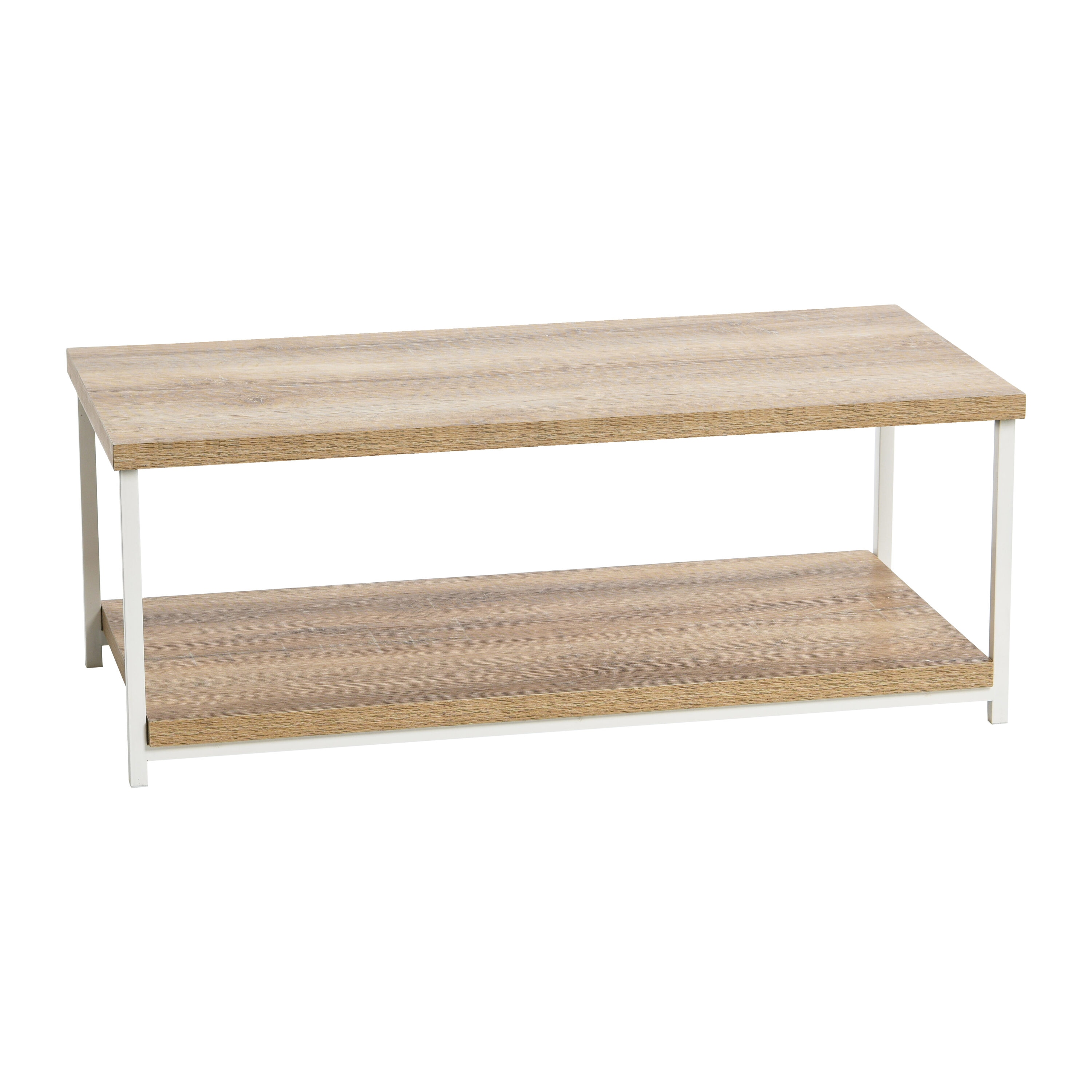 Jamestown Rectangular Coffee Table with Storage Shelf Coastal Oak Rustic Wood Grain and White Metal