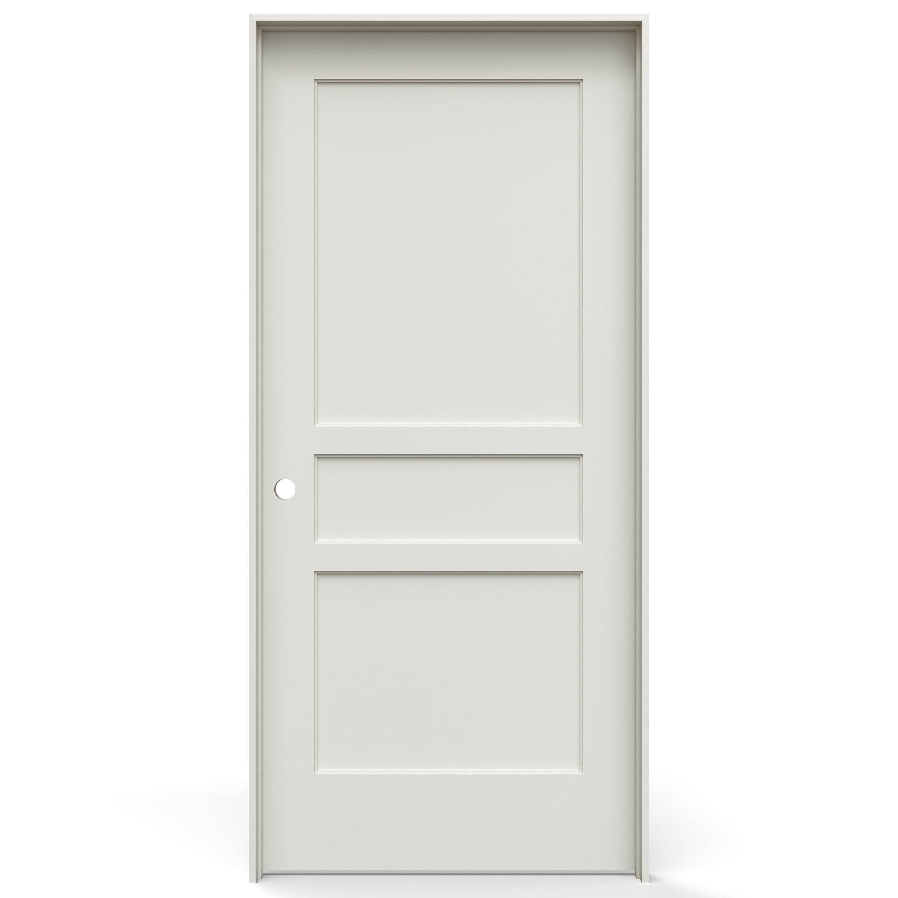 JELD-WEN LOWOLJW247700082 36-in x 80-in Primed Solid core 3-panel square Right hand Smooth Primed MDF Flat Jamb Single Prehung Interior Door