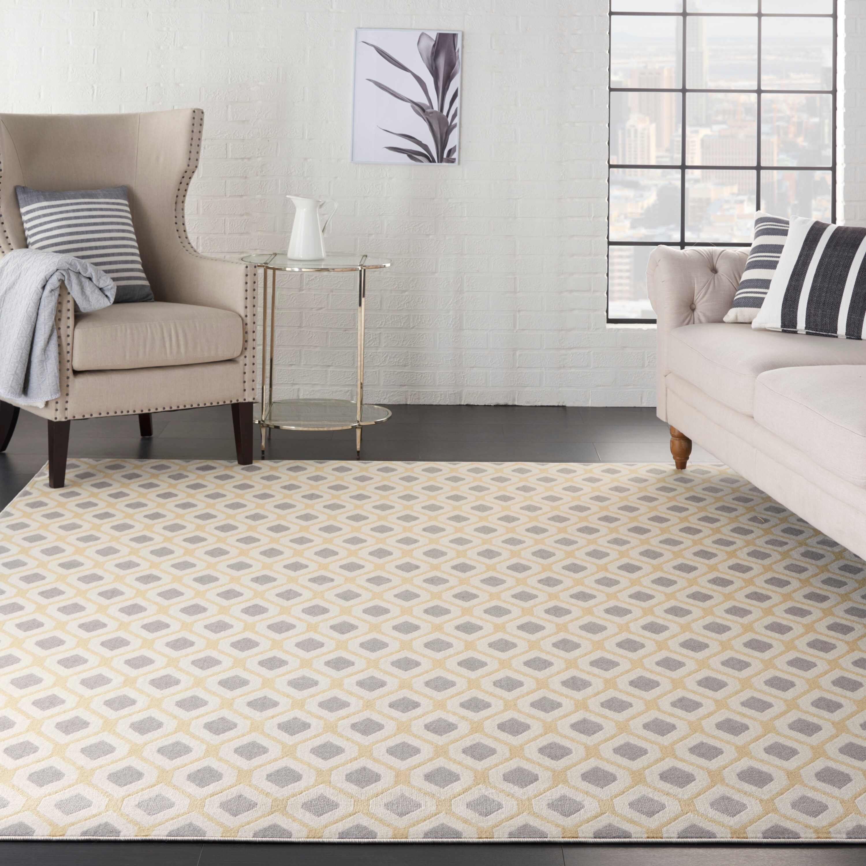 White and Gray Hexagon Pattern Synthetic Area Rug, 8' x 10'