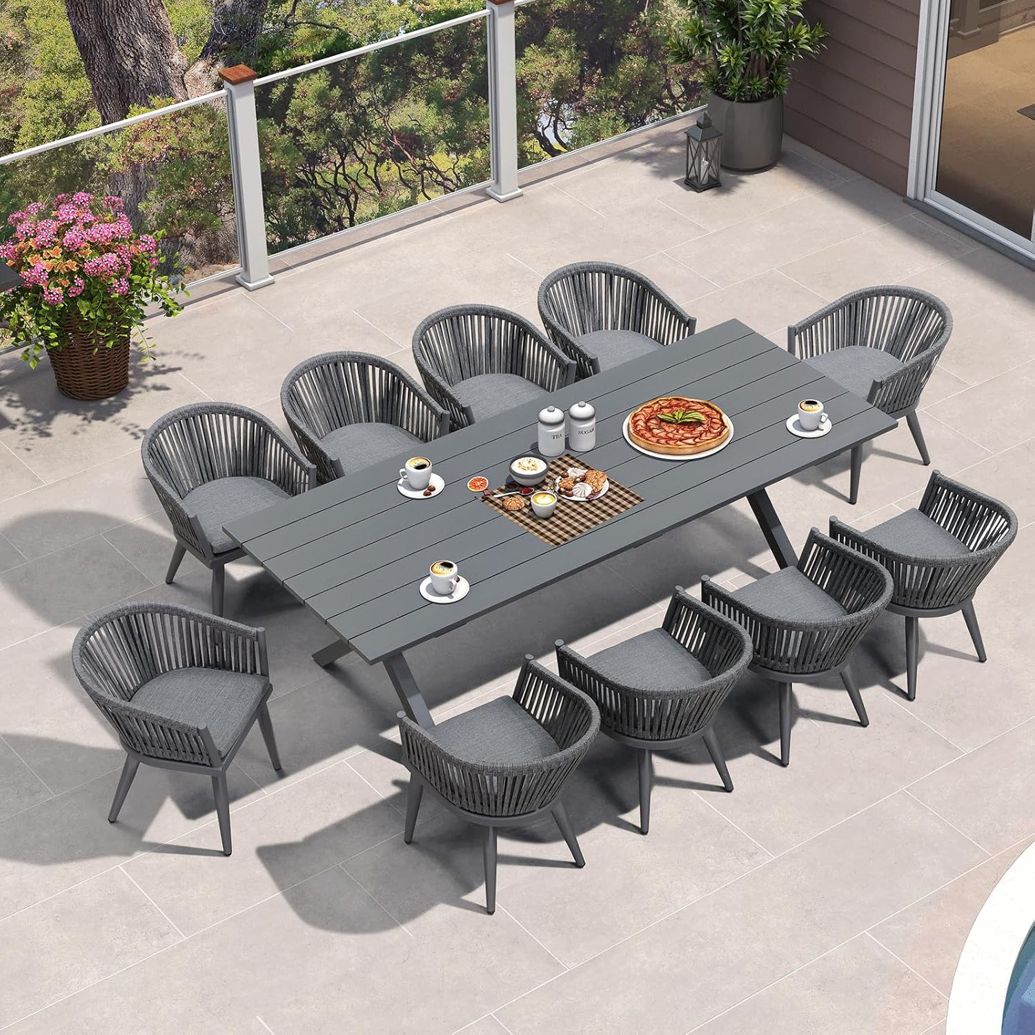 PURPLE LEAF LS03-OL11-250-GY 11 -Piece 11 pieces-Rectangle Rattan Patio Dining Set Aluminum Rectangle Table with 10 Gray Cushions Stationary Chairs