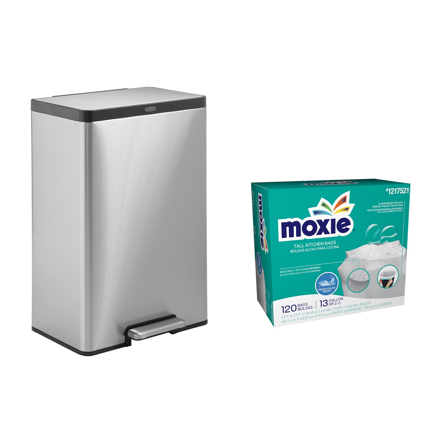 Rubbermaid  12-gal Silver Metal Indoor Step Trash Can w/ Moxie White Clean Breeze Drawstring Trash Bags (120ct)