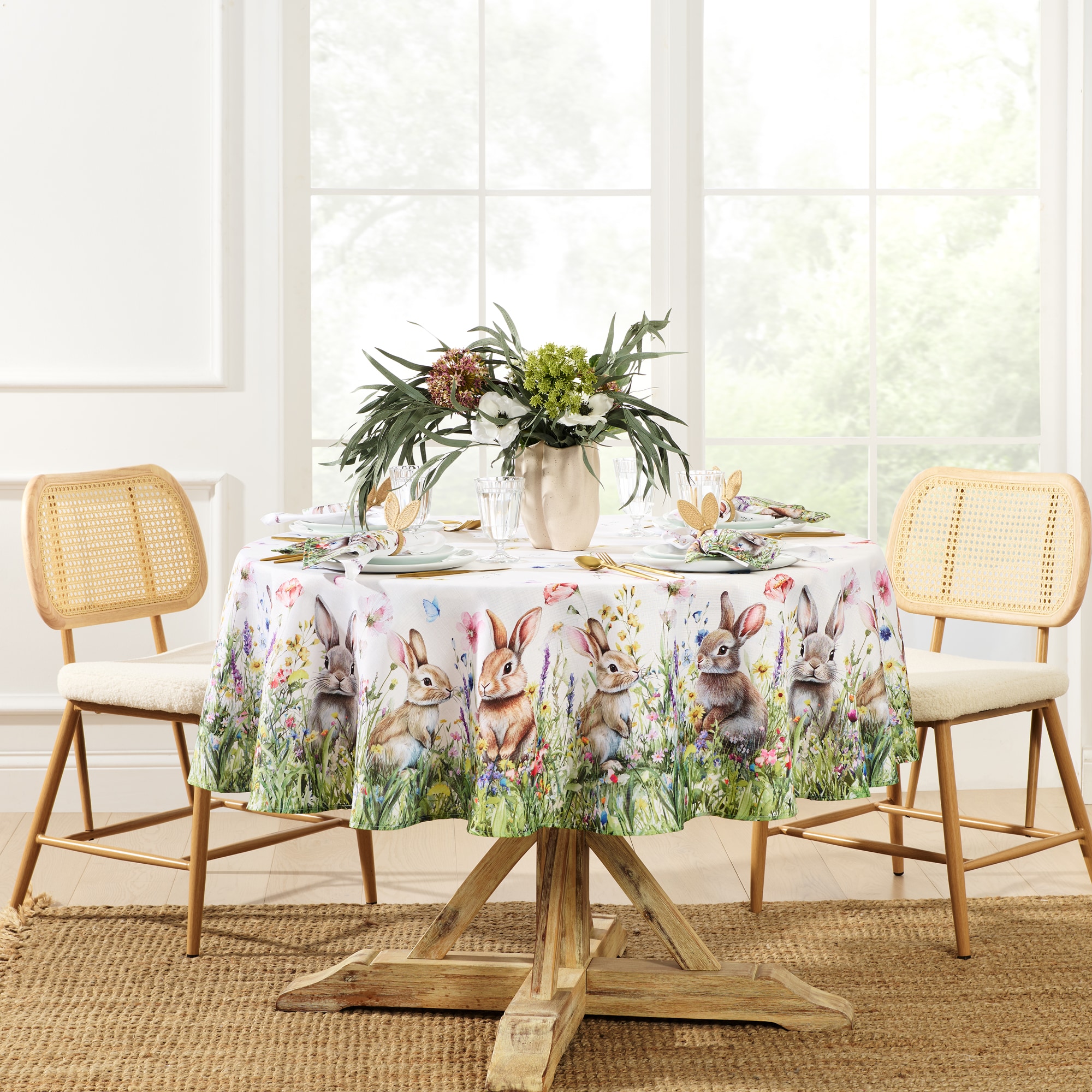 Elrene Home Fashions Bunny Blossom Easter - 70 Round Indoor Multicolor Table Cover for 60-in round