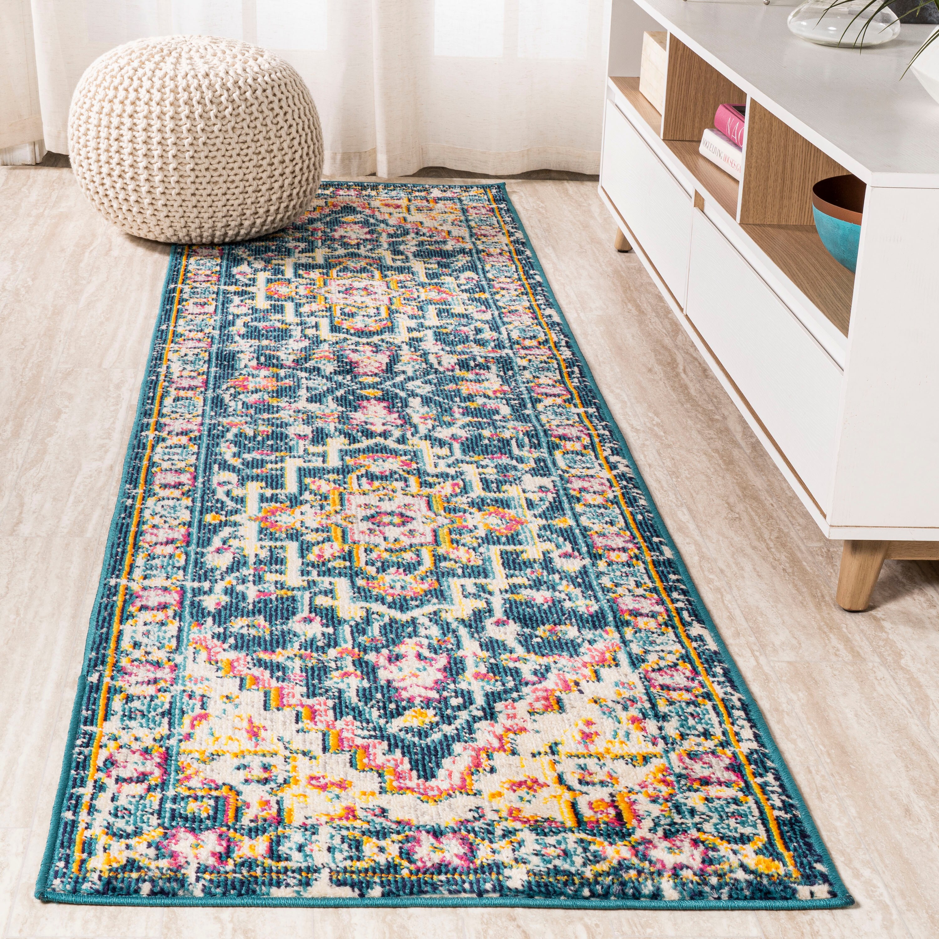 JONATHAN  Y MDP207A-28 MODERN PERSIAN Brooklyn Geometric 2 x 8 (ft) Loomed Polypropylene Blue/Beige Rectangular Indoor Medallion Persian Runner rug