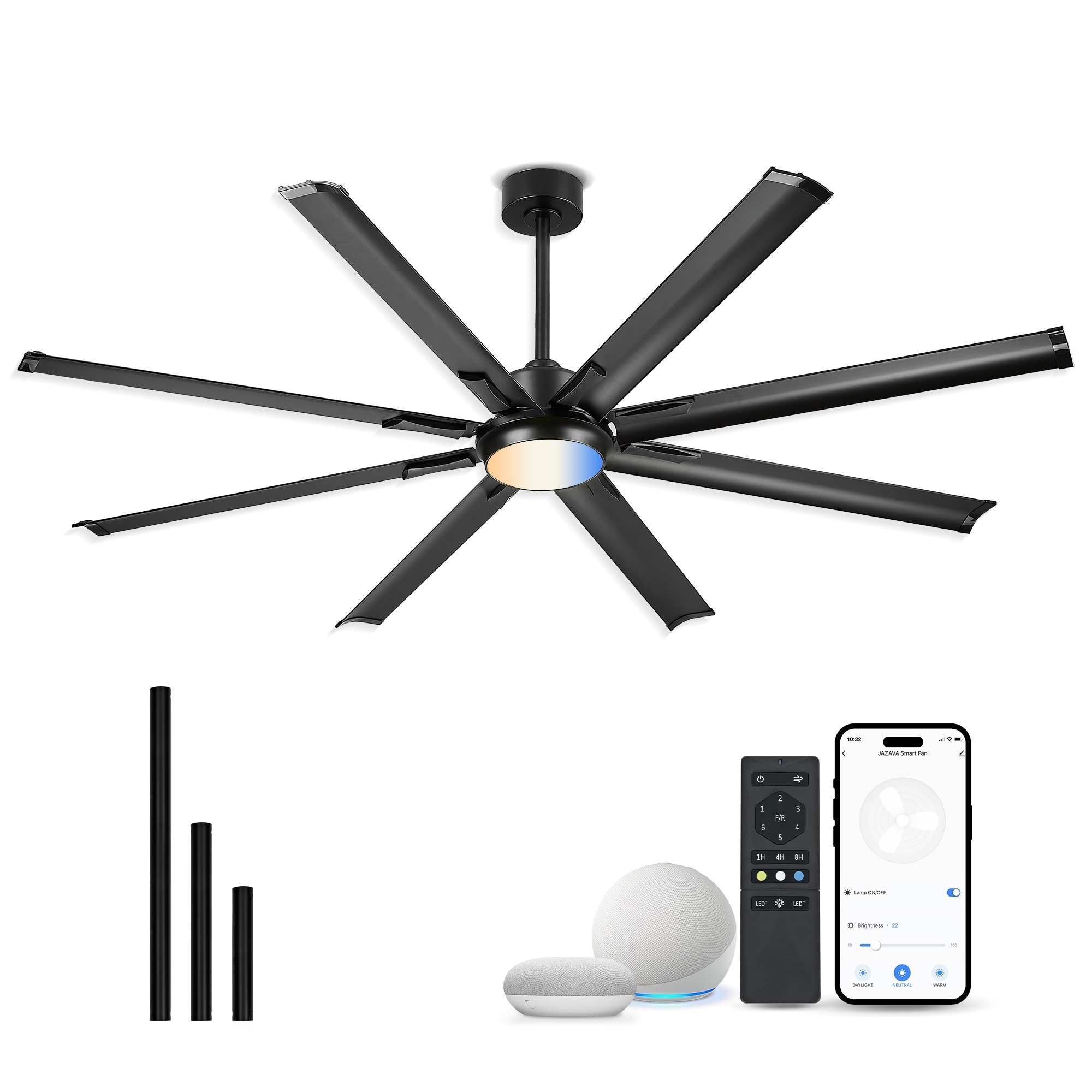 LTMATE LSLT-CF04BK-72 JAZAVA 72-in Color-Changing Integrated LED Outdoor Smart Black with Painted Blades Ceiling Fan With Light and Remote ( 8 -Blade )