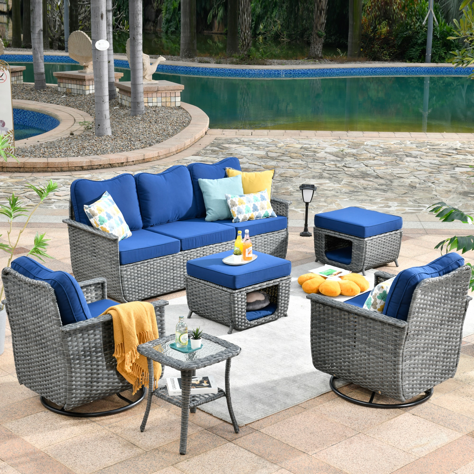 Pouuin SYZPET7005 5 -Piece Patio Sofa Conversation Set with Blue