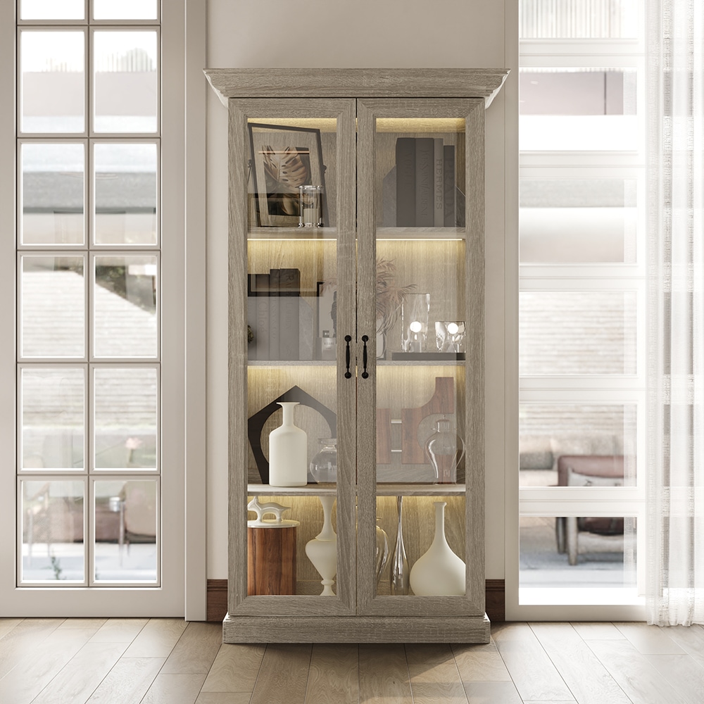 Homsee V-KF210345-01 Rustic Oak 37 in Glass Display Cabinet with LED Lighting and Textured Frame Modern Tall Storage Hutch