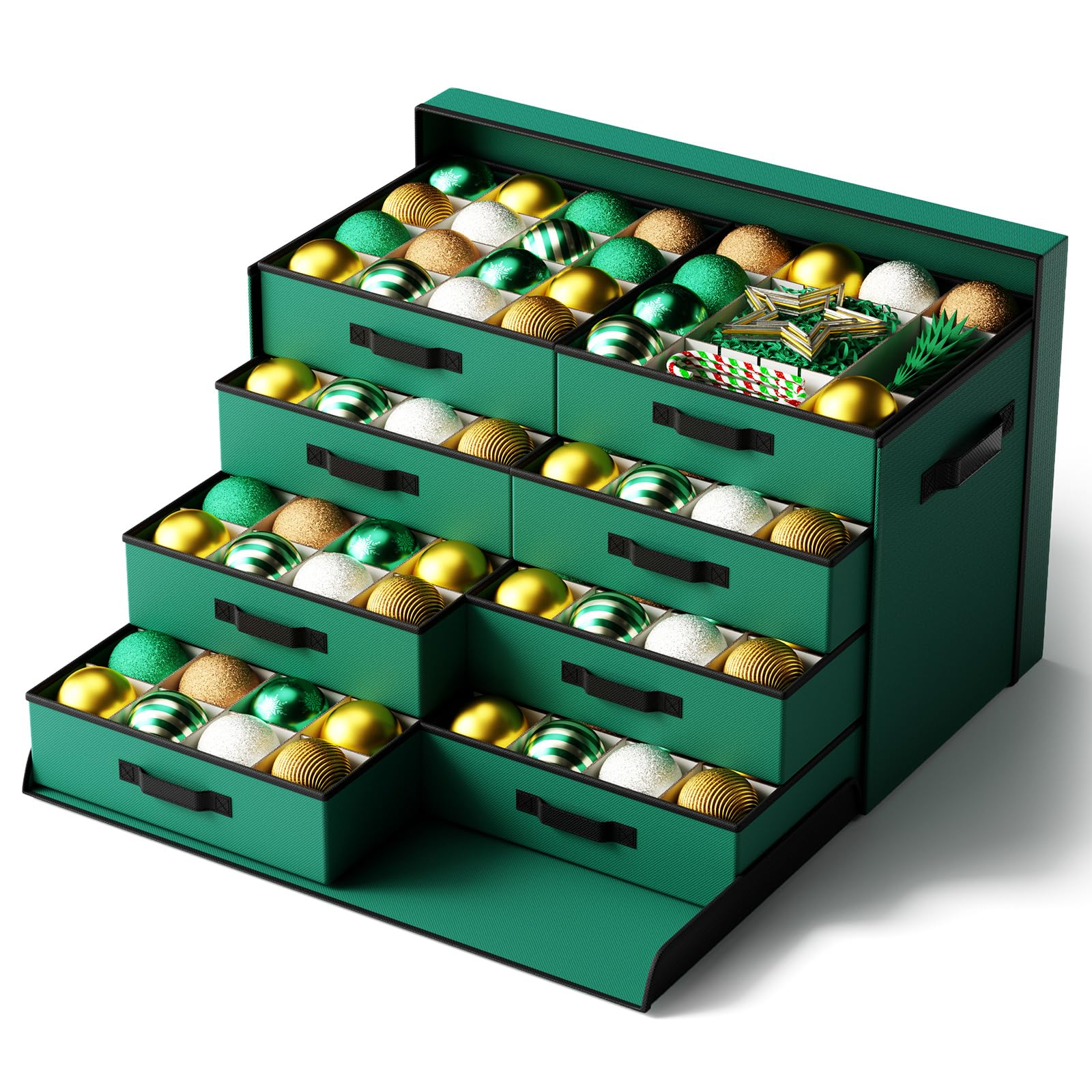KIWDZFU  Christmas Ornament Storage Box Extra Large Organizer Holds 128 Ornaments with Adjustable Dividers 8 Stackable Trays Lid Green