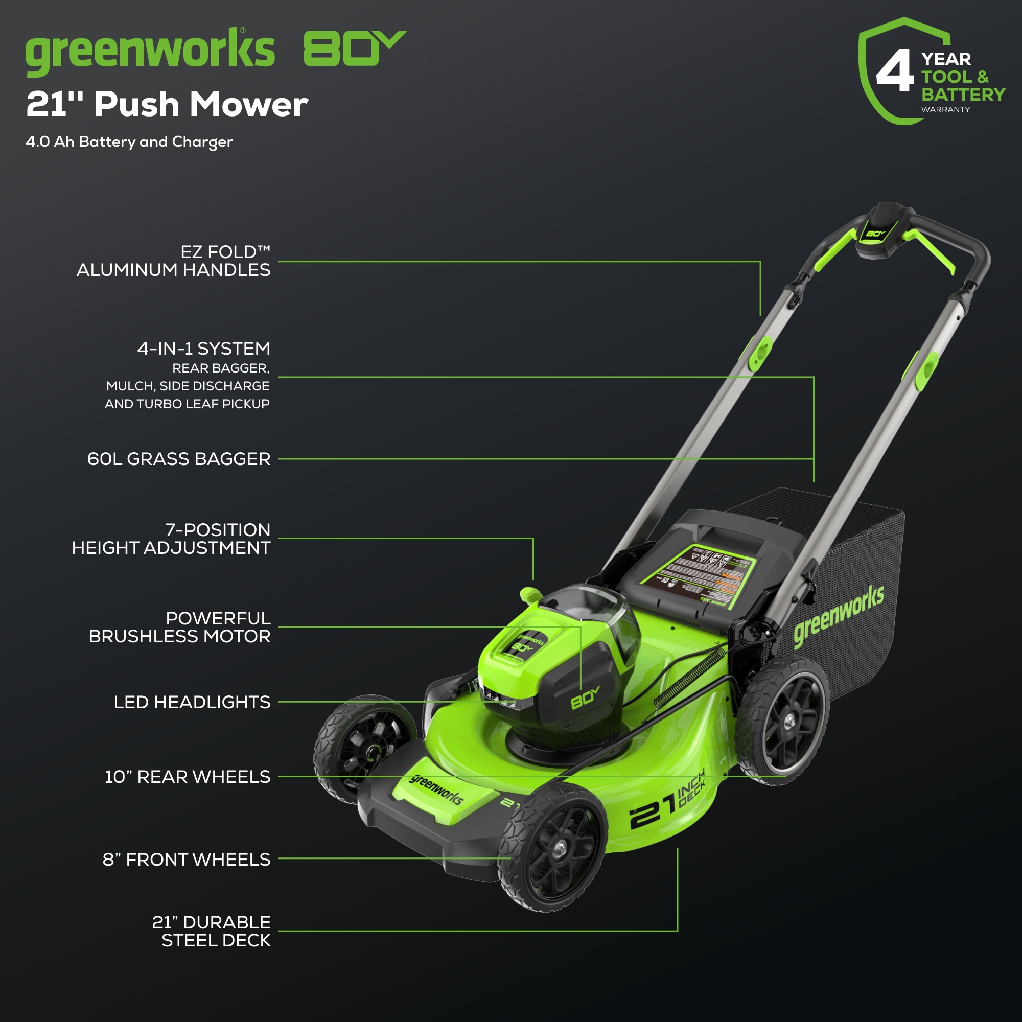 Greenworks MO80L415 Cordless-Elec-Push-Mowers - View #4