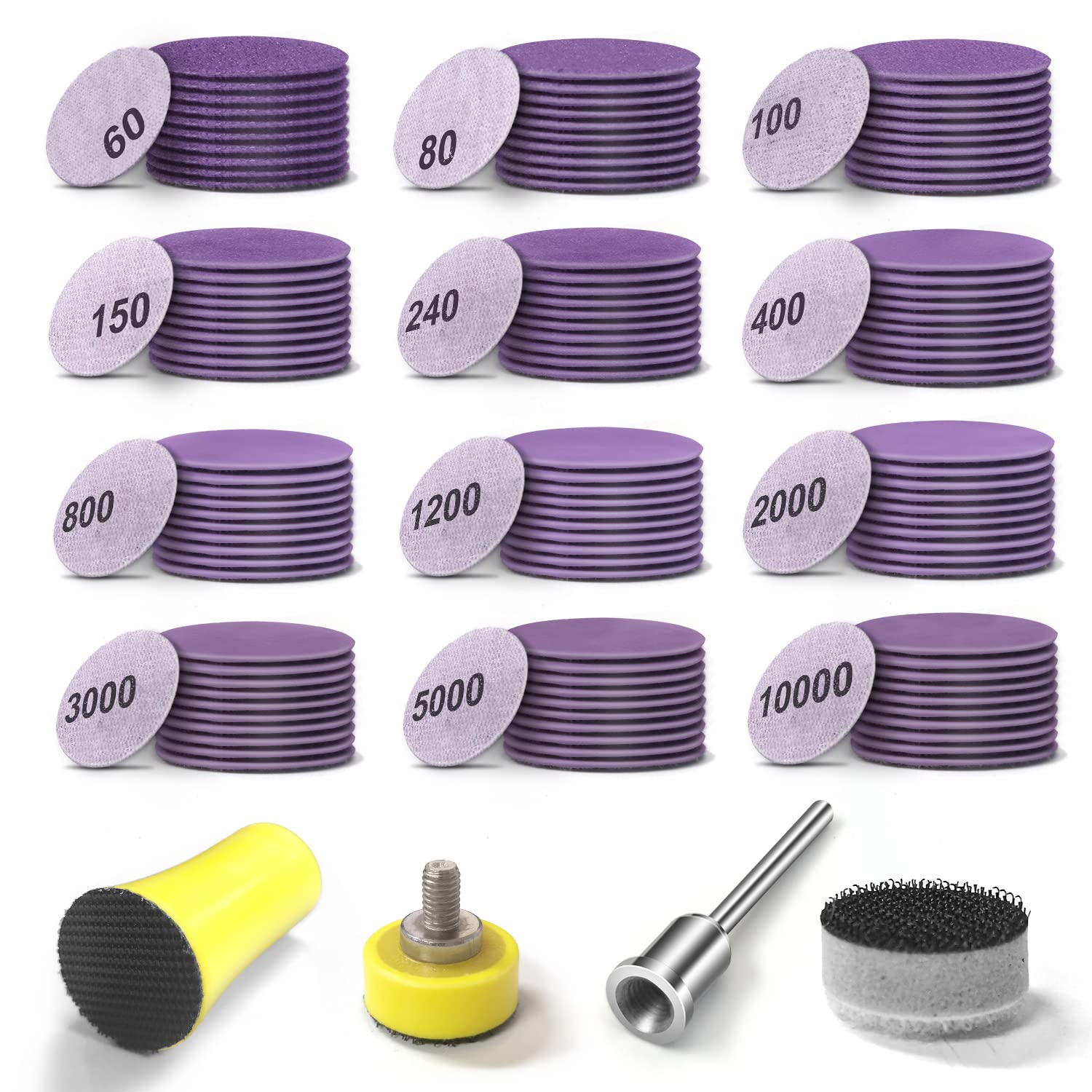 Oyezvary  Sanding Discs 1 Inch 120 PCS Wet Dry Sandpaper Hook and Loop 60 to 10000 Grits with Polishing Pads 1 8 Shank Backing Pad and Interface