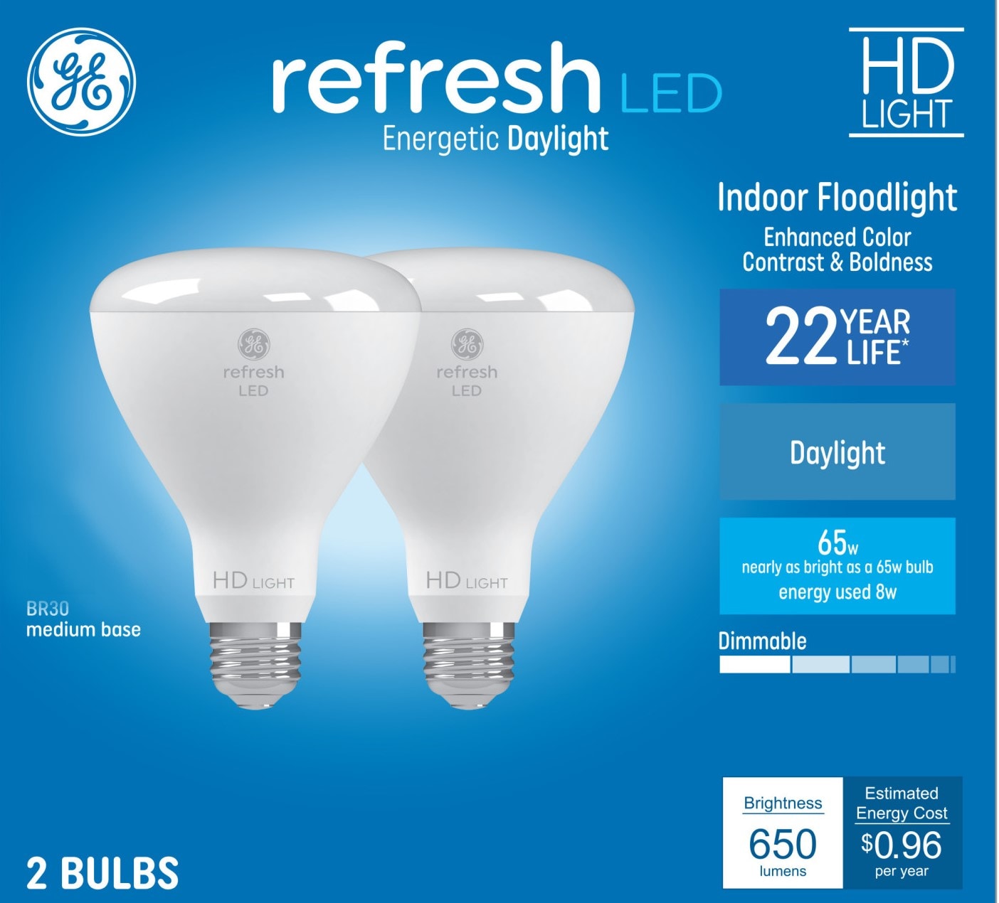 GE 93129963 Refresh HD 65 -Watt EQ BR30 Daylight Medium base (E-26) Dimmable LED Spot Flood Light Bulb 2 -Pack