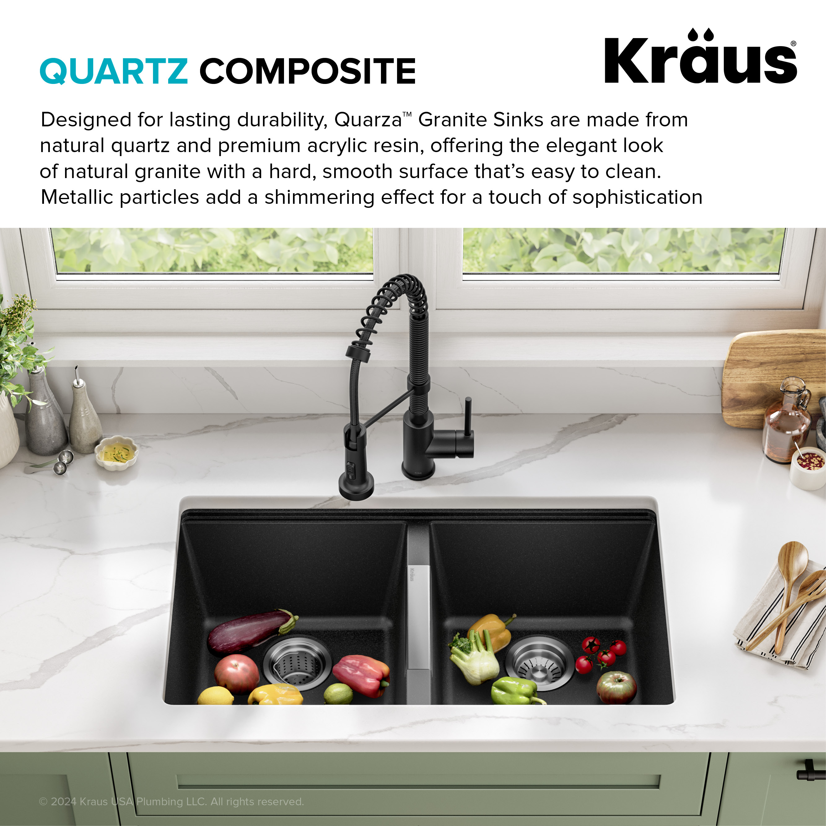 KRAUS 33 inch L Undermount 50/50 Double Bowl Black Onyx Granite Kitchen Sink