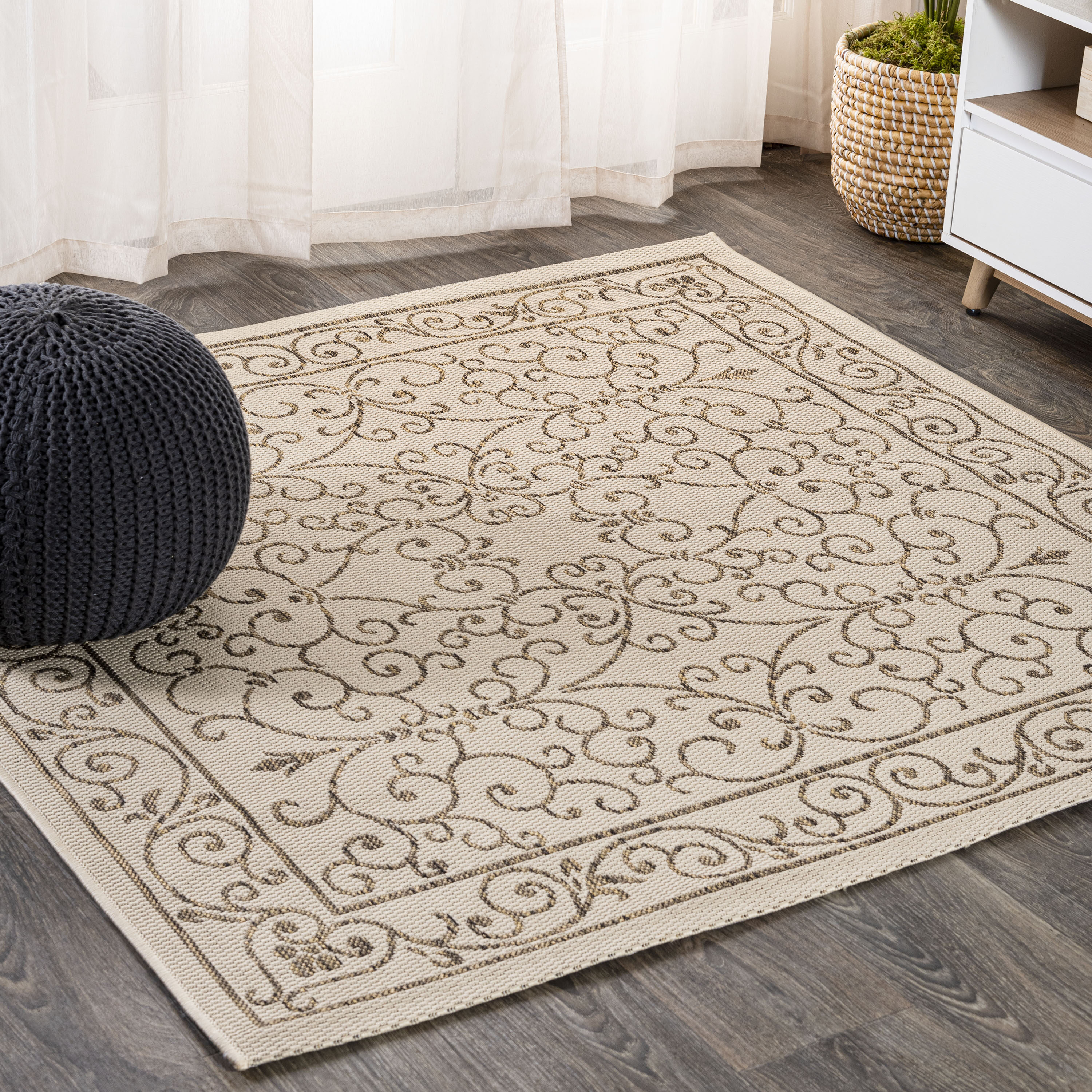JONATHAN  Y SMB106A-4SQ SANTA MONICA Charleston Vintage Filigree Textured Weave 4 x 4 (ft) Polypropylene Beige/Brown Square Indoor Medallion Bohemian/Eclectic Area rug