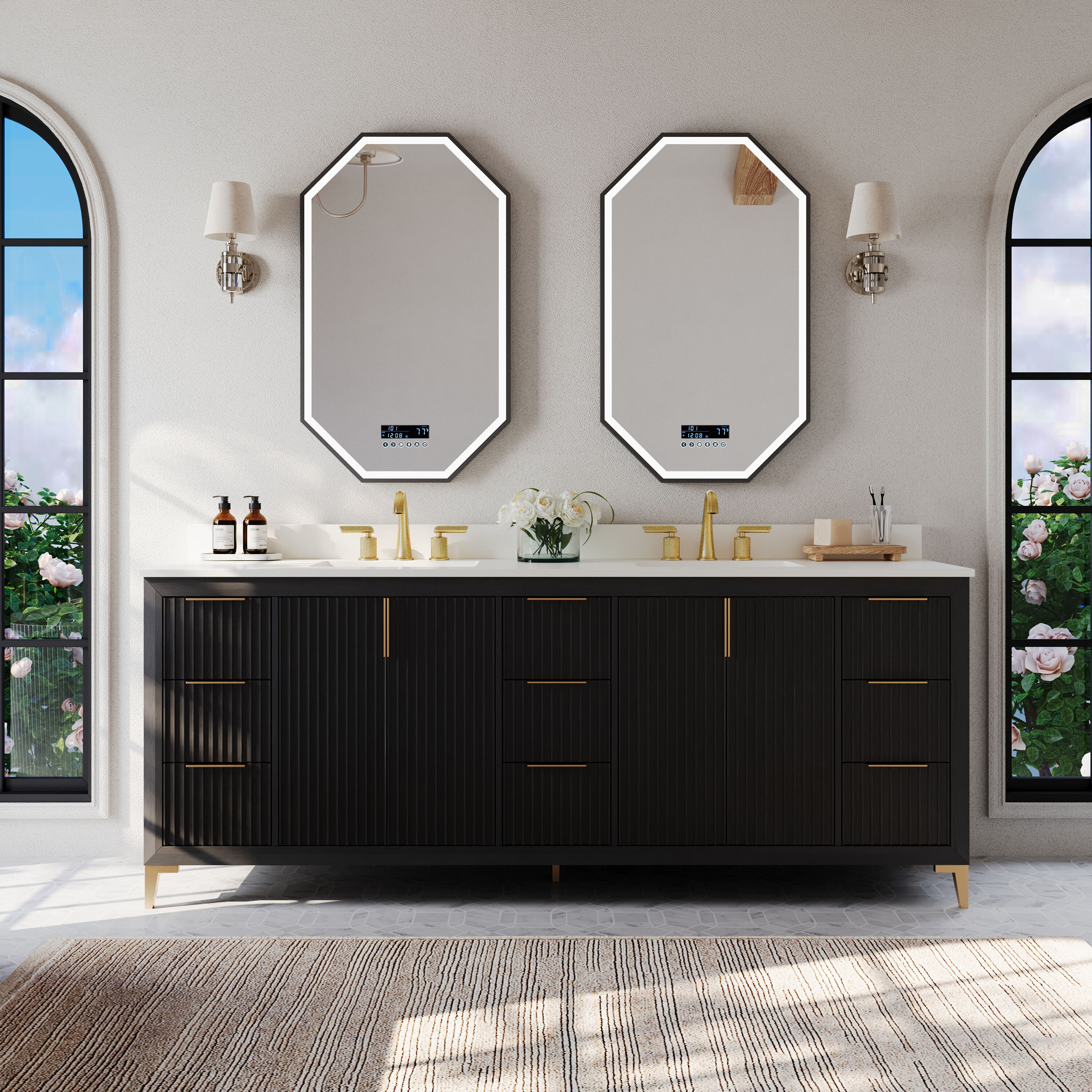 Ancerre Designs VTSTURLINGTON84RBOWQ Turlington 84-in Black Oak Undermount Double Sink Bathroom Vanity with White Quartz Top