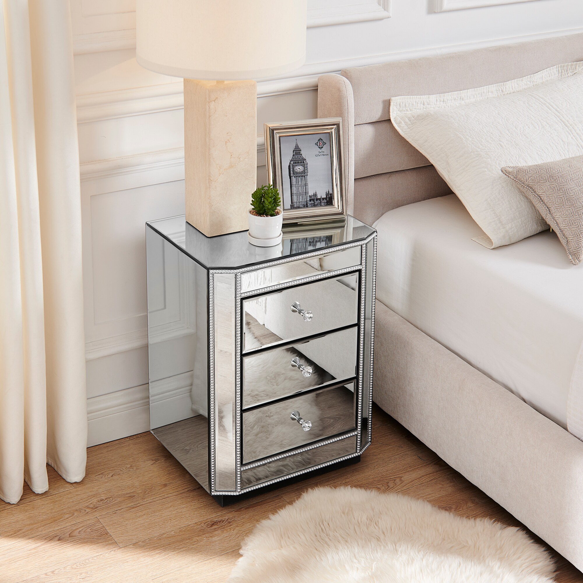 LOVMOR 3 Drawer Mirrored Nightstand Bedside Table Modern End Side Table ...