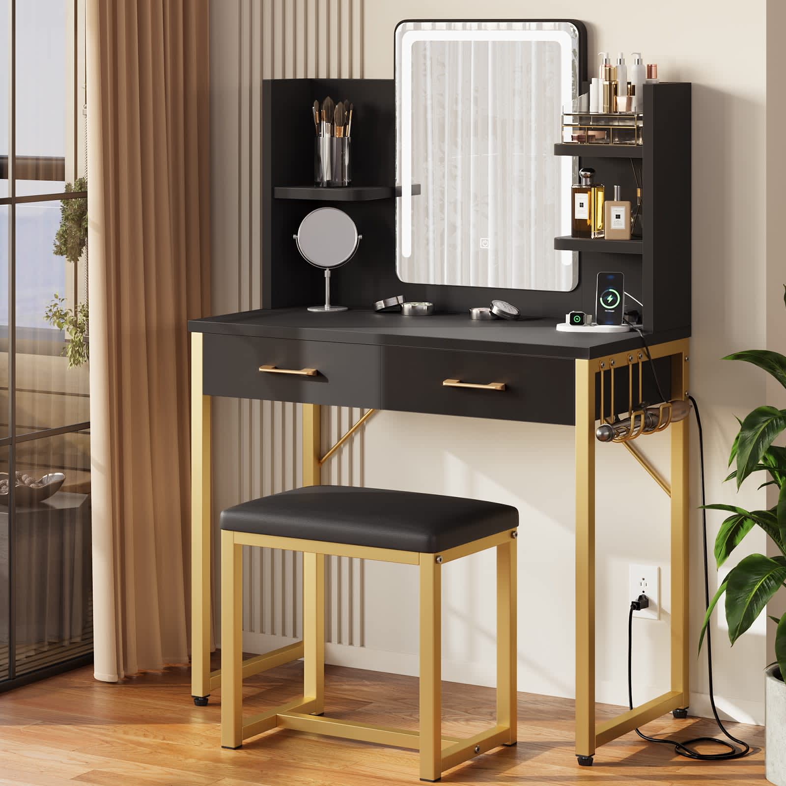 Bestier - 31.3-in W 2-Drawers Black Makeup Vanity with LED Mirror and Power Outlet and Stool