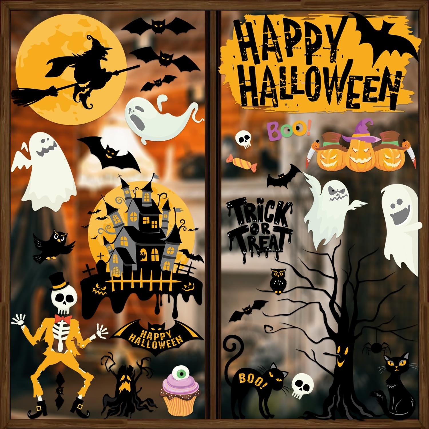 LAIFUCAM  Halloween Window Clings Double Sided Glass Decals 6 Sheet Set Removable Reusable Crows Bats Spiders Ghosts for Party Indoor Decor