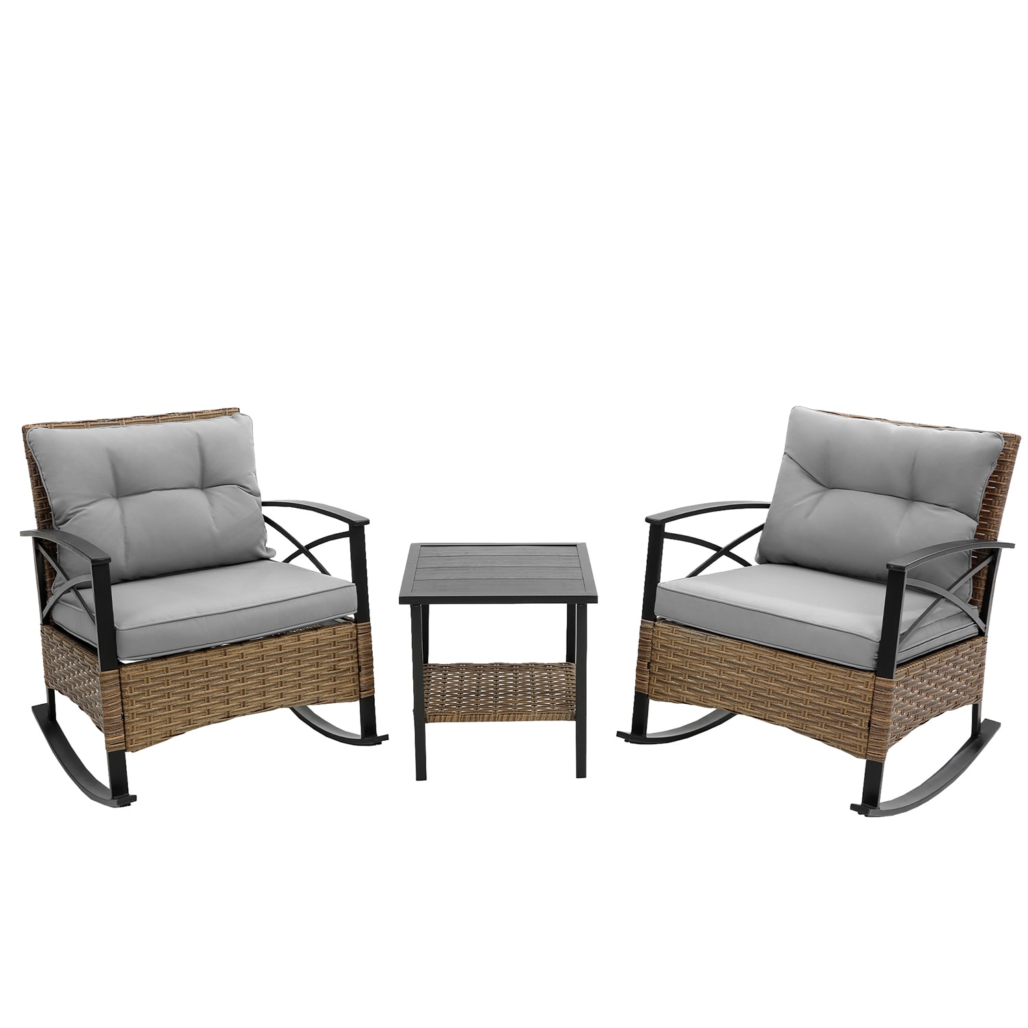 SINOFURN SYB060027GY Set of 2 Wicker Brown Wicker Frame Rocking Chair with Gray Cushioned Seat