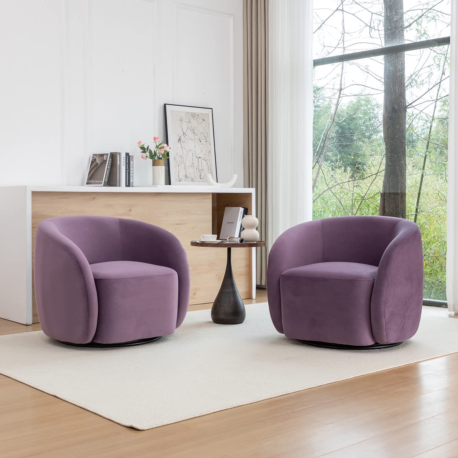 SEYNAR XY786-PURPLE-S2 Modern Glam Velvet Upholstered 360 Degree Swivel Accent Armchair Set of 2