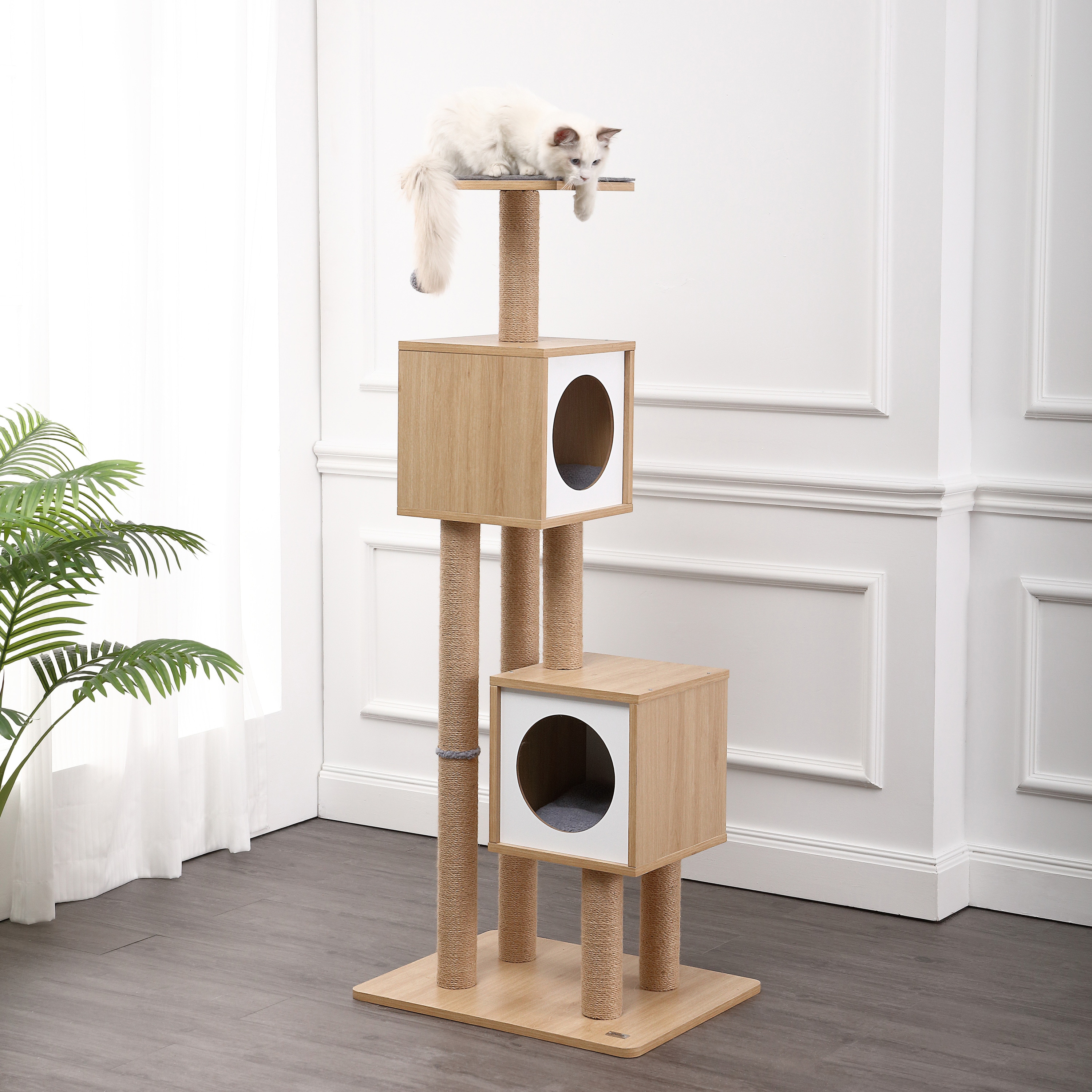 Sawyer 56" 3-Tier Natural Wood and Jute Cat Tree Condo
