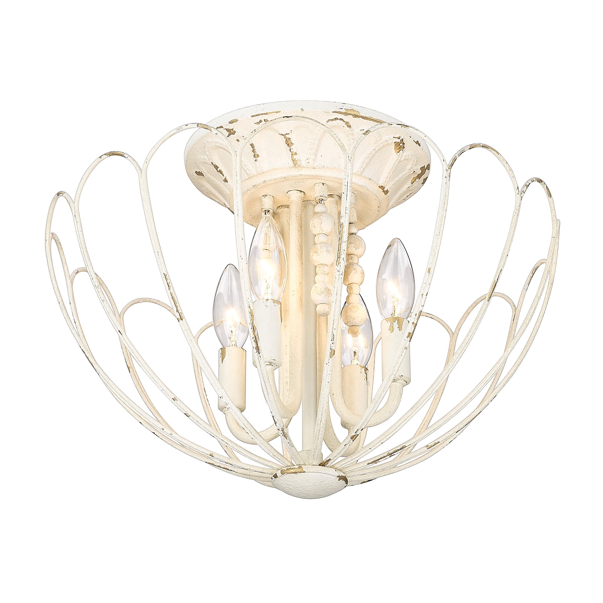 Vintage White 4-Light Semi-Flush Mount with Wood Beads