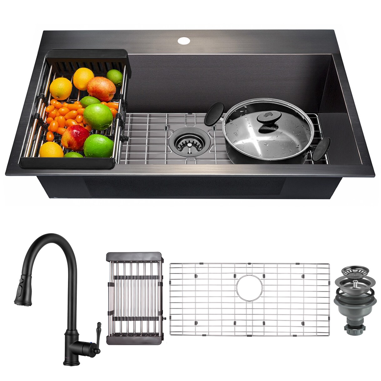 AKDY KS0519-KF9 Drop-In 30-in x 18-in Gunmetal Matte Black Stainless Steel Single Bowl 1-Hole Kitchen Sink All-in-one Kit