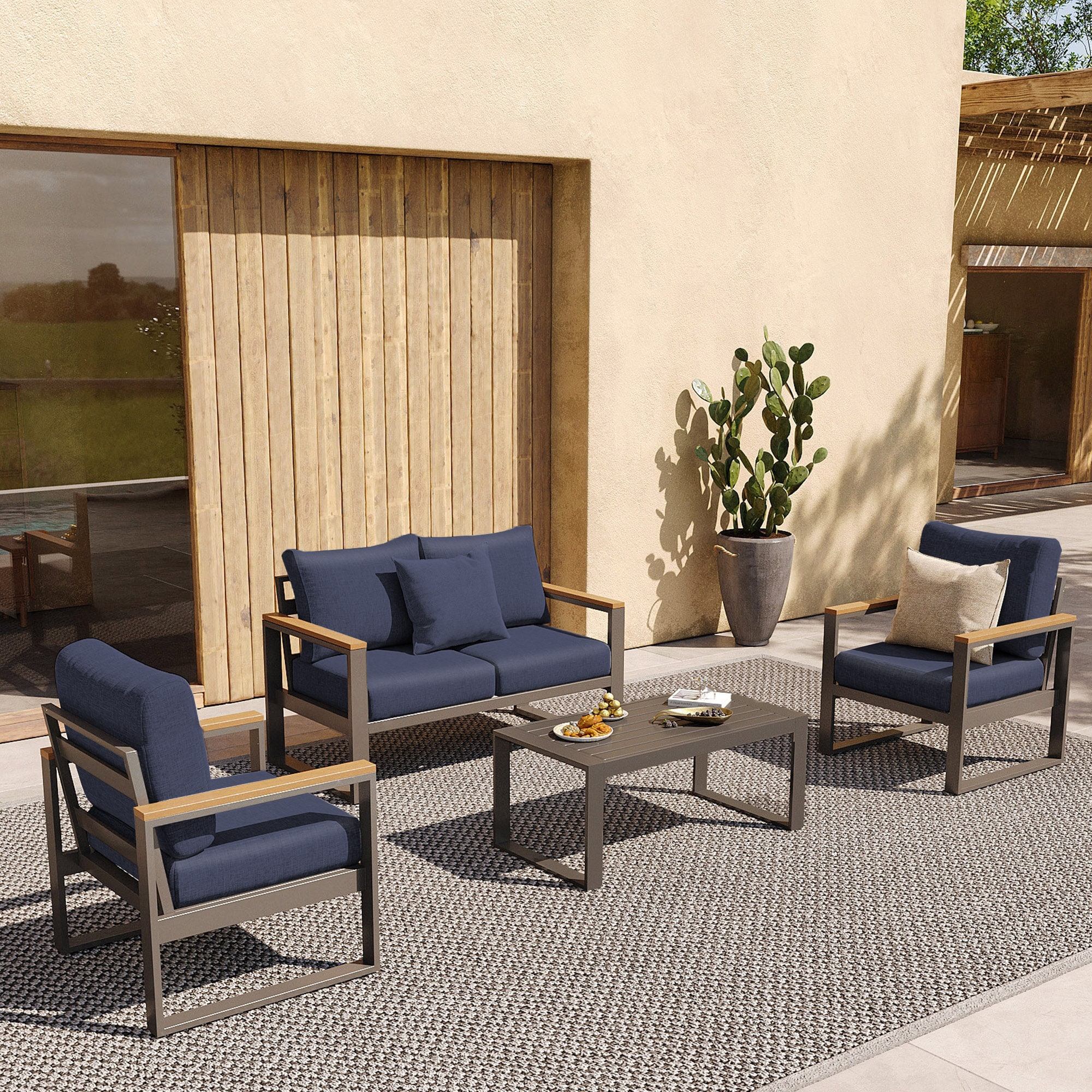 AURA OUTDOOR SAS001-BU 4 -Piece Patio Conversation Set with Blue Cushions