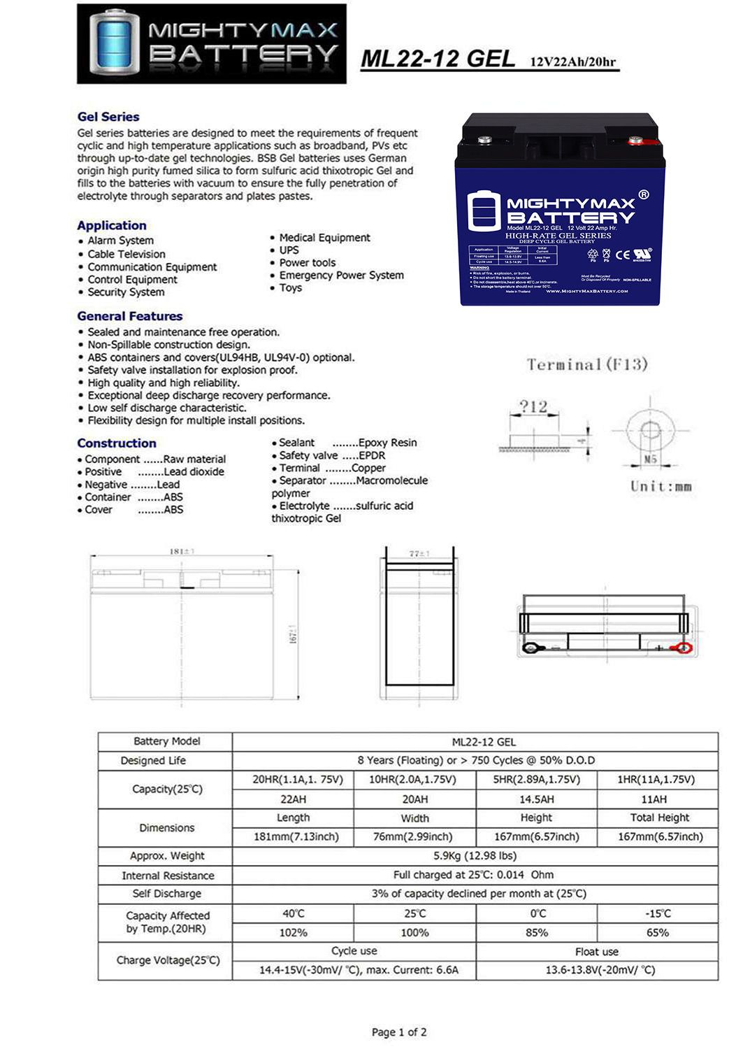 Mighty Max Battery 12v 22ah Gel Type Int Terminal Agm Battery Rechargeable Sealed Gel 12220 4121