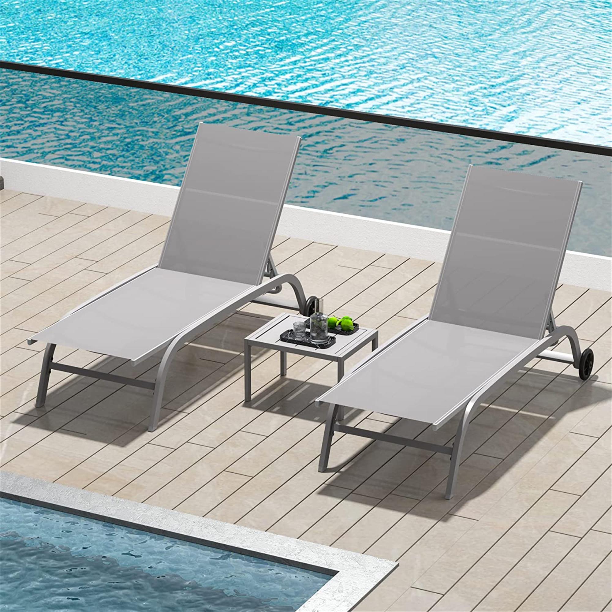 Bayfeve BF-9851CPL Chaise Lounge Chairs with Wheels Set of 2 Gray Aluminum Frame Stationary Chaise Lounge Chair with Gray Sling Seat