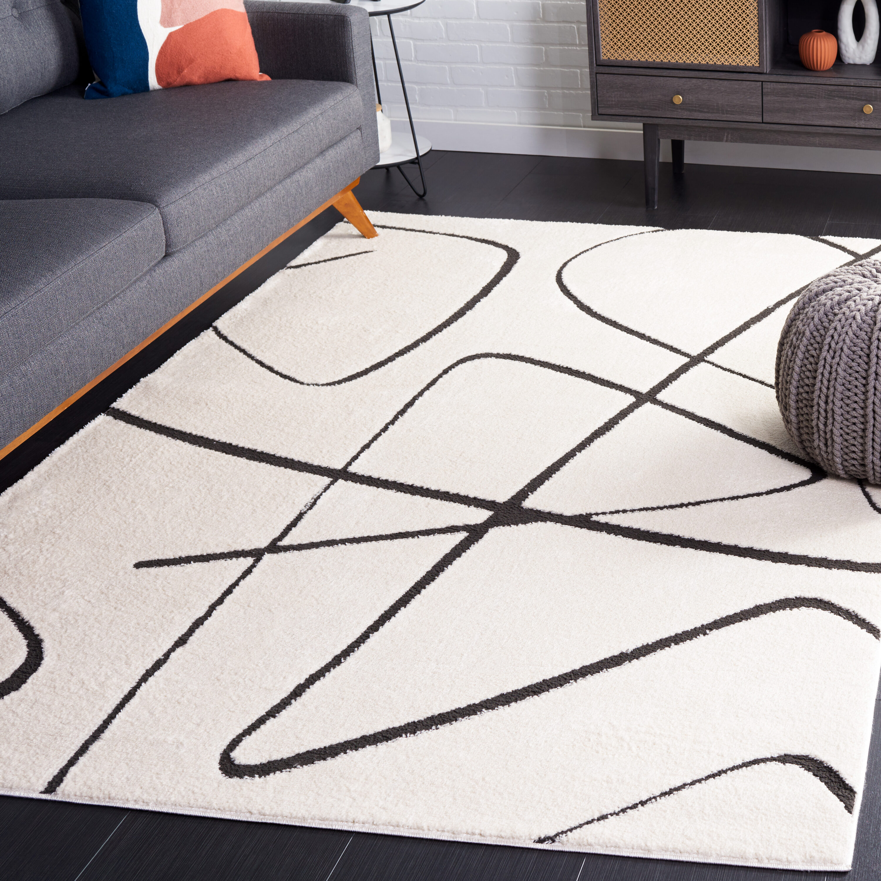 Melody 5 x 8 (ft) Loomed Polyester Ivory/Black Rectangular Indoor Abstract Mid-Century Modern Professionally Clean Only Area rug