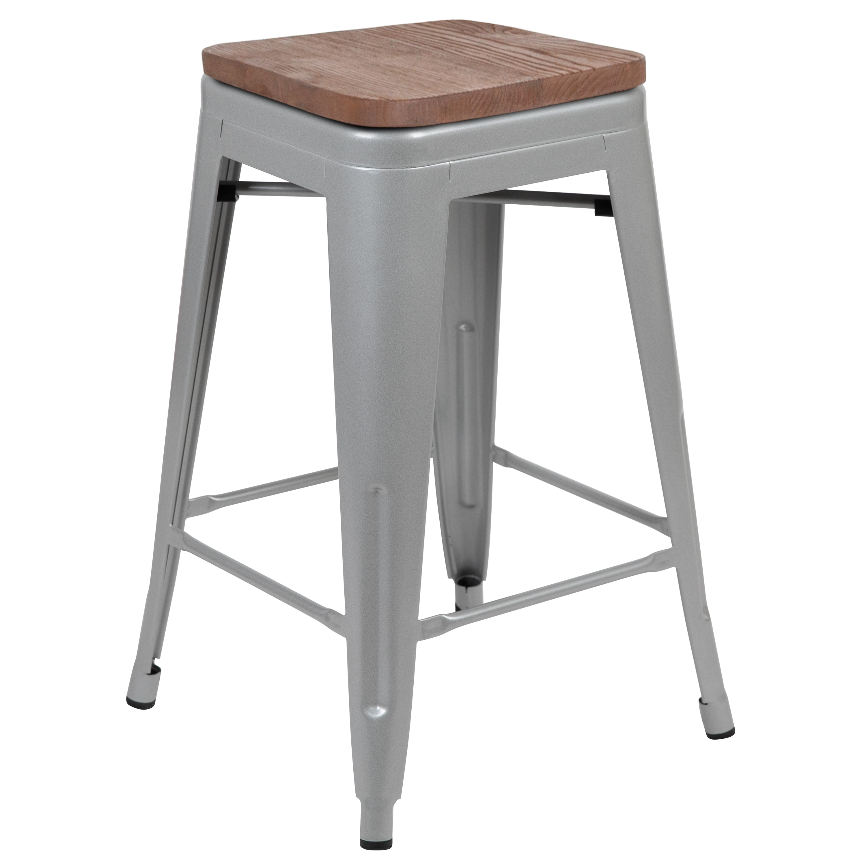 Modern 24" Silver Metal and Wood Stackable Bar Stools - Set of 4