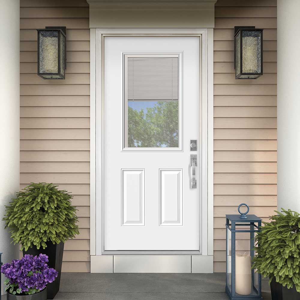 Masonite 32-in x 80-in Steel Half Lite Left-Hand Inswing Primed Prehung Front Door with Brickmould Insulating Core with Blinds