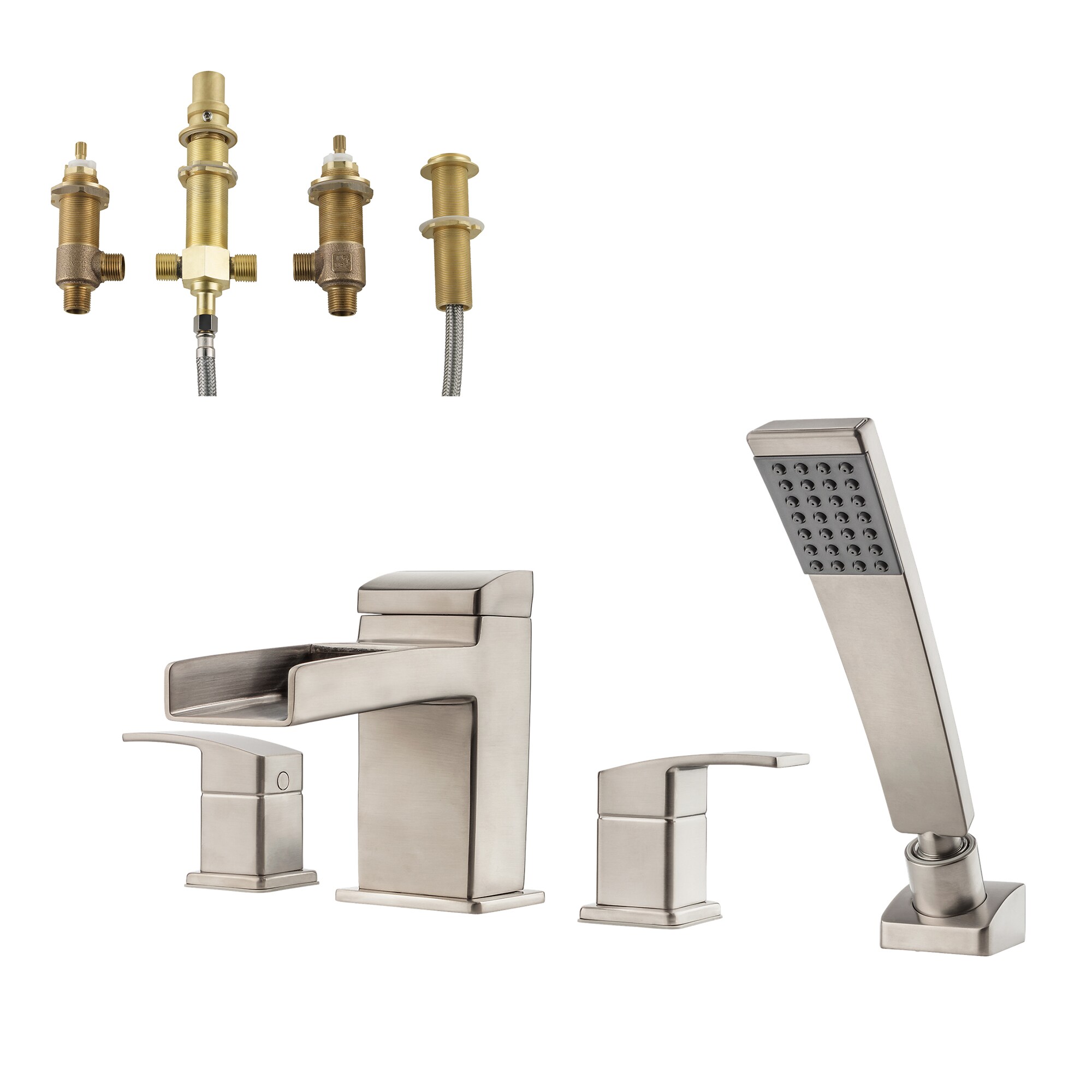 Pfister LG6-4DFK-0X6-440R-L Kenzo Brushed Nickel 2-handle Deck-mount Roman High-arc Bathtub Faucet with Hand Shower ( Valve Included )
