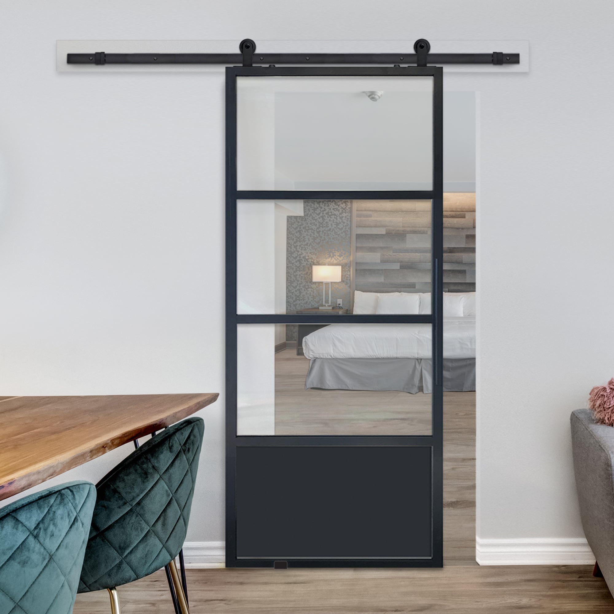 BarnDoorz BD3670LT3CL 42-in x 84-in Black Square Clear glass Glass Single Barn Door (Hardware Included)