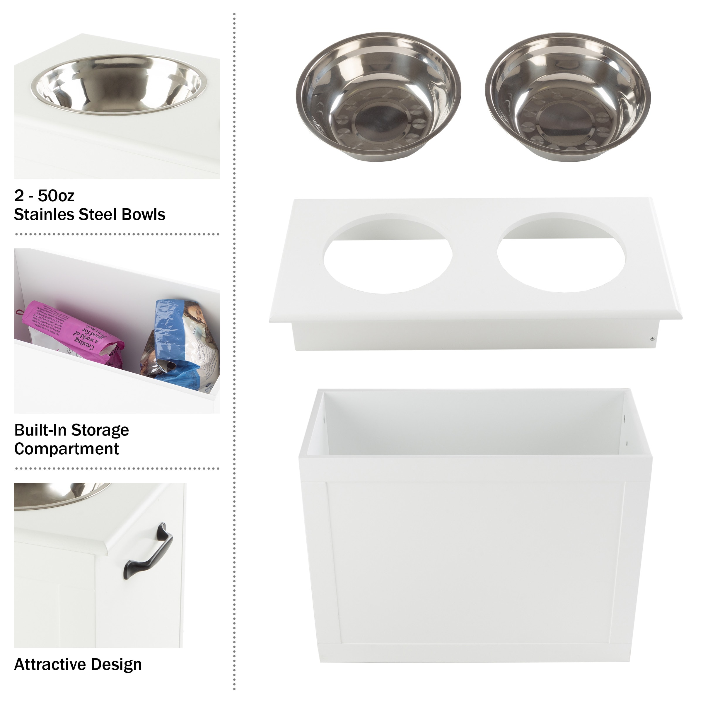 White Elevated Dog Bowls with Hidden Storage and Stainless Steel