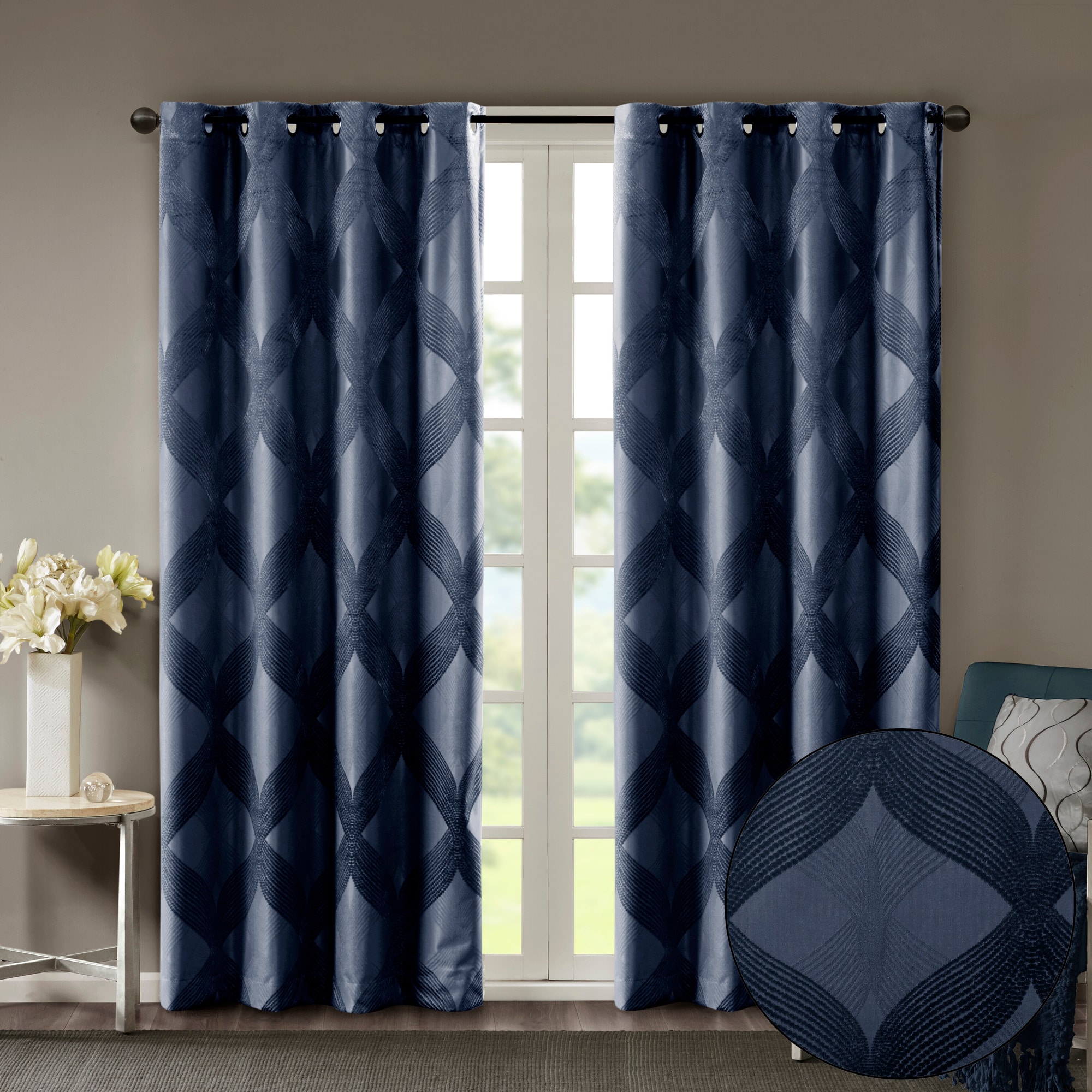 Navy Ogee Knitted Jacquard Blackout Curtain Panel