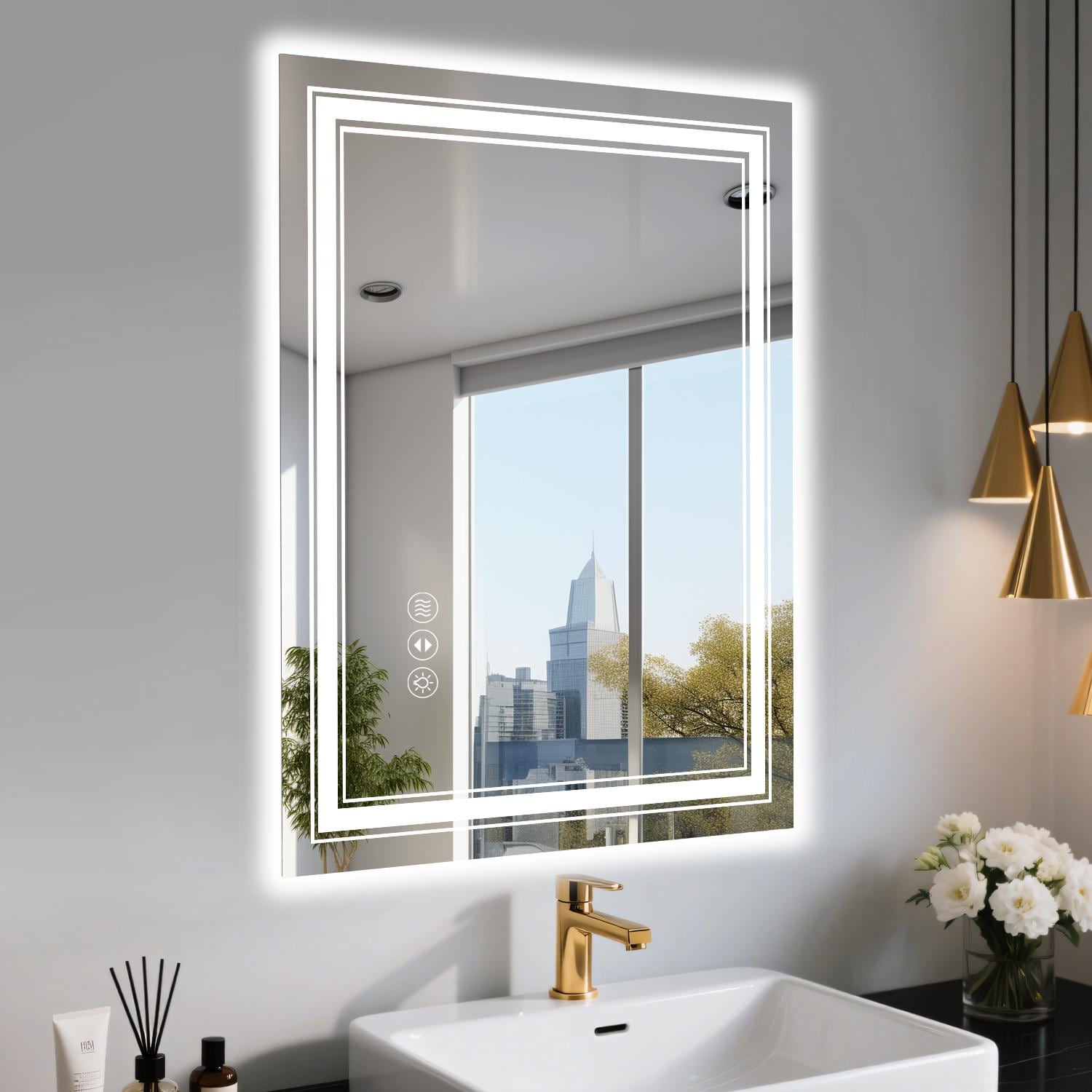 Bayfeve LED Bathroom Mirror 20-in x 28-in Polished Frameless Rectangle Dimmable LED Lighted Fog Free Bathroom Vanity Mirror ( Silver )
